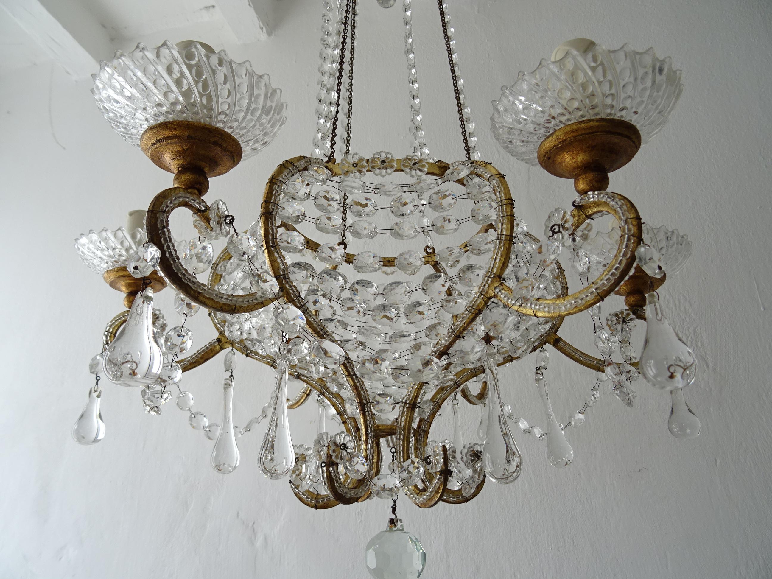French Beaded Basket Crystal Gold Gilt with Crown Chandelier, 19th Century For Sale 2