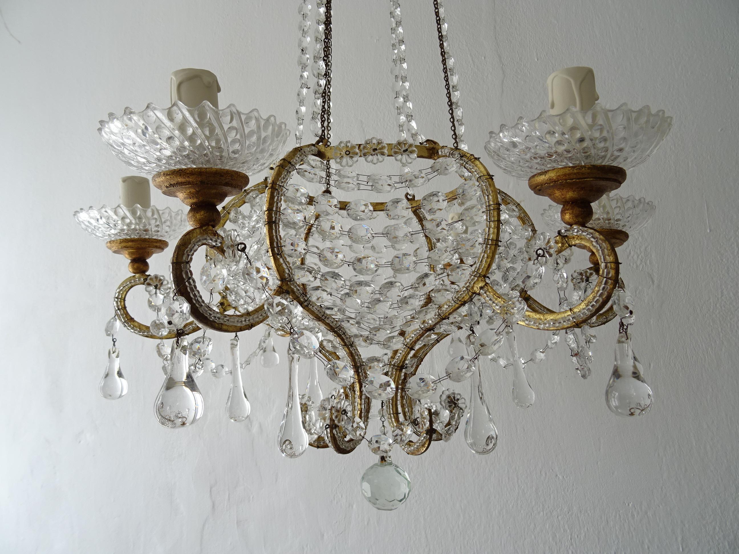 French Beaded Basket Crystal Gold Gilt with Crown Chandelier, 19th Century For Sale 3