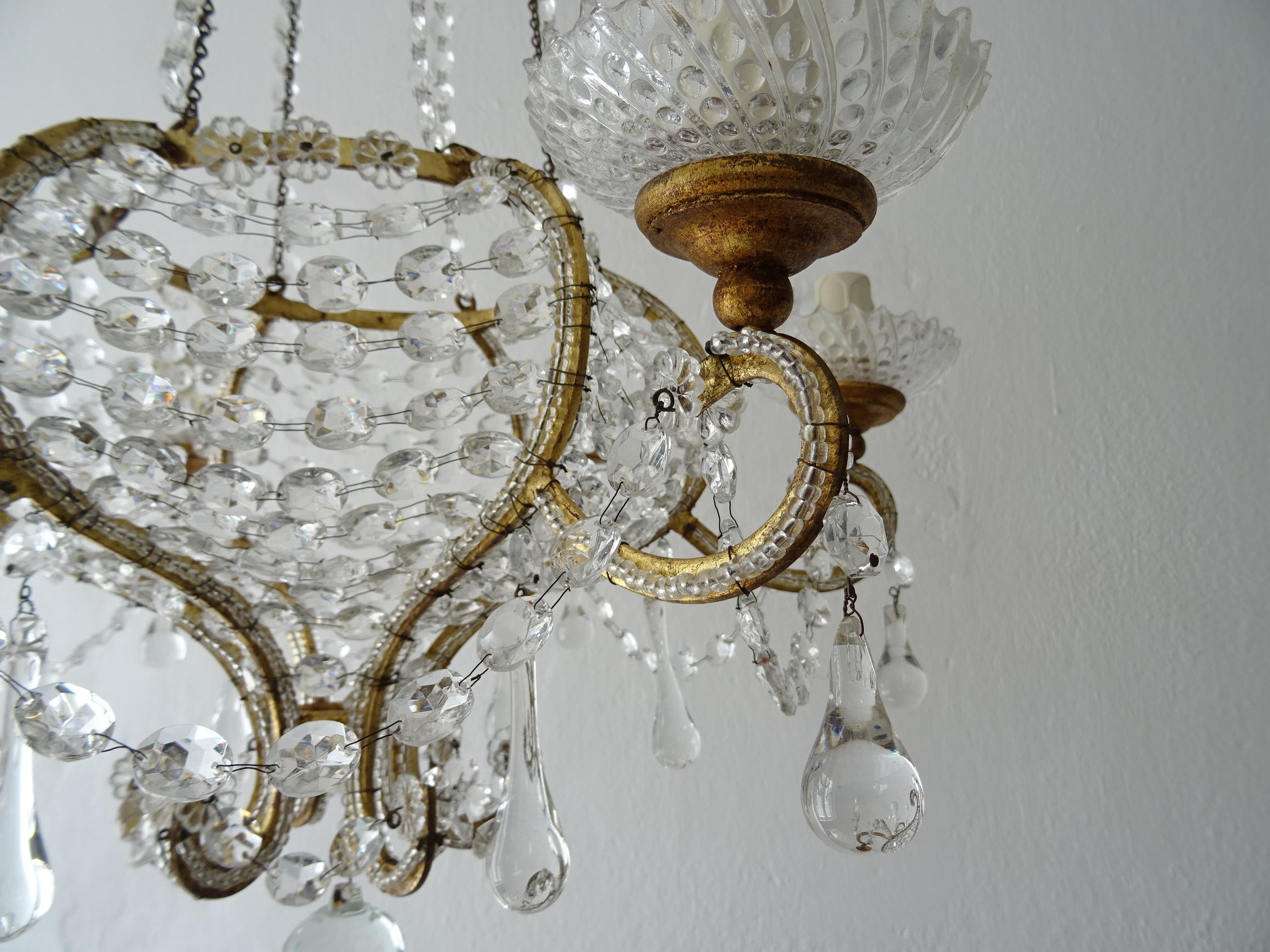 French Beaded Basket Crystal Gold Gilt with Crown Chandelier, 19th Century For Sale 4