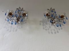French Beaded Blue and Clear Prisms Crystal Sconces, 1900