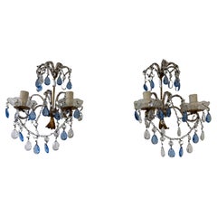French Beaded Blue and Clear Prisms Crystal Sconces, 1900