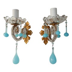 Antique French Beaded Blue Opaline Drops and Beads Sconces
