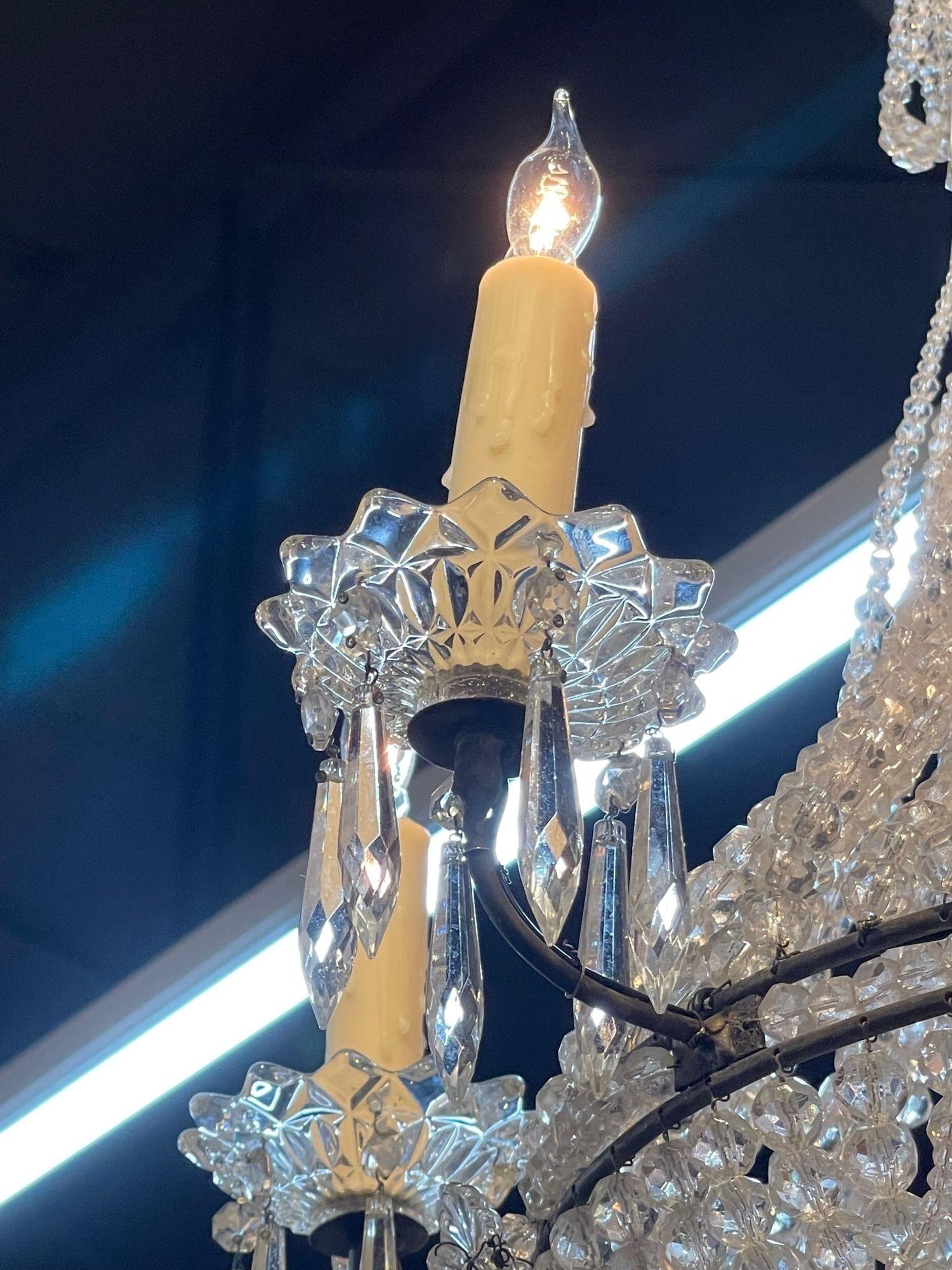 French Beaded Crystal Basket Chandelier In Good Condition For Sale In Dallas, TX