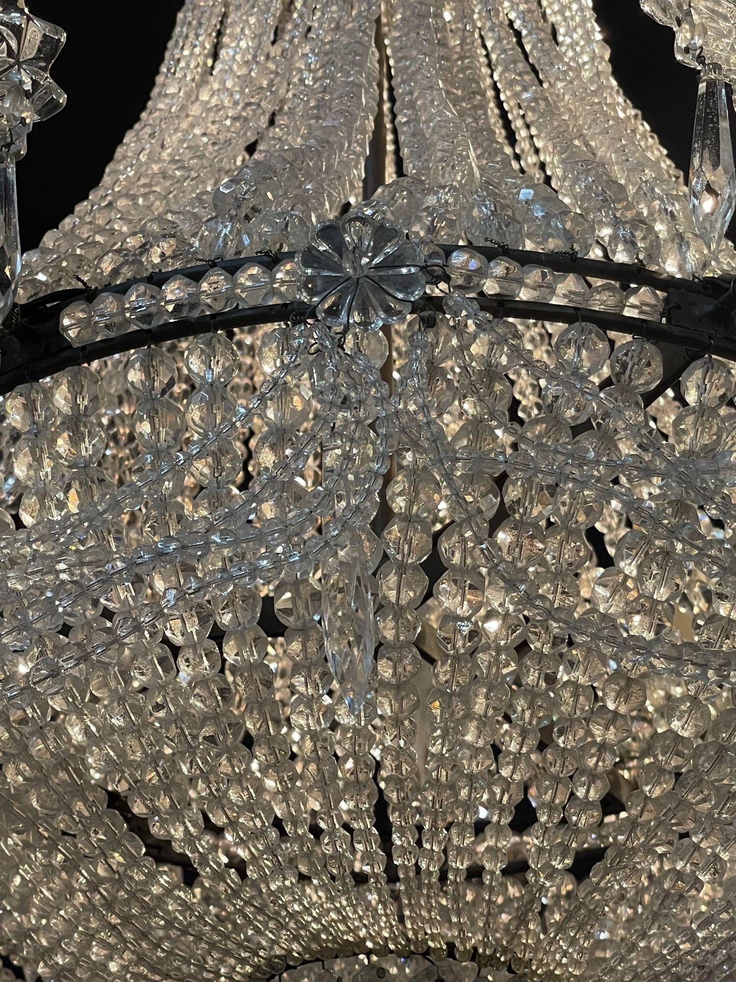 Mid-20th Century French Beaded Crystal Basket Chandelier For Sale