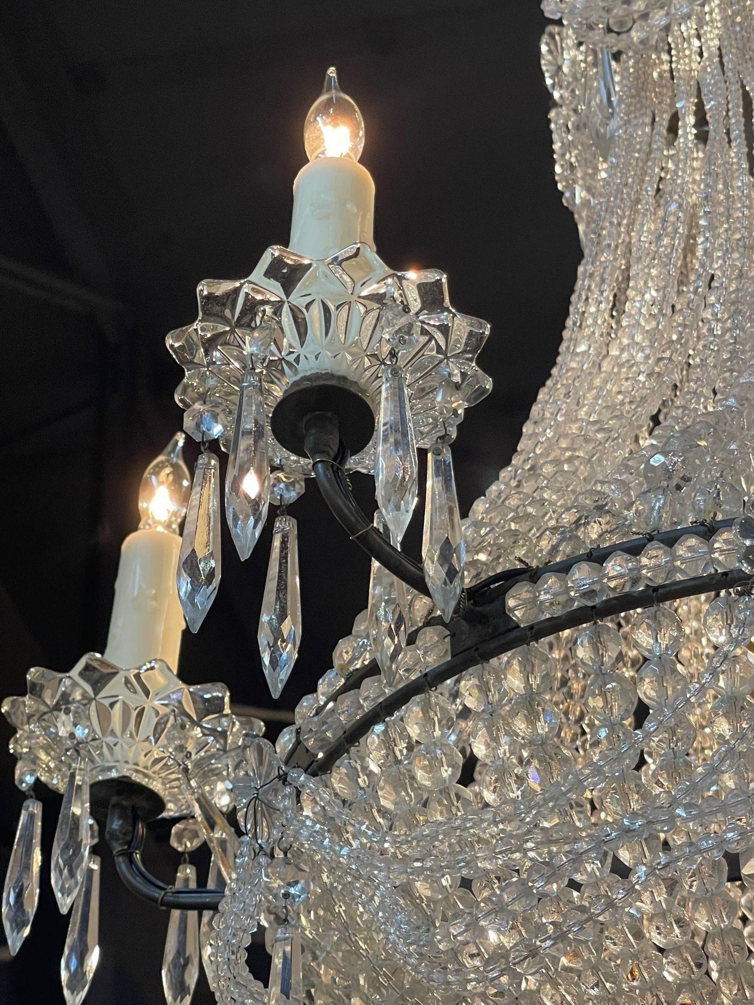 Metal French Beaded Crystal Basket Chandelier For Sale