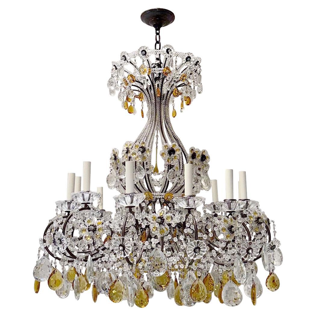 Lampadario di cristallo francese con perline e cristalli d'ambra