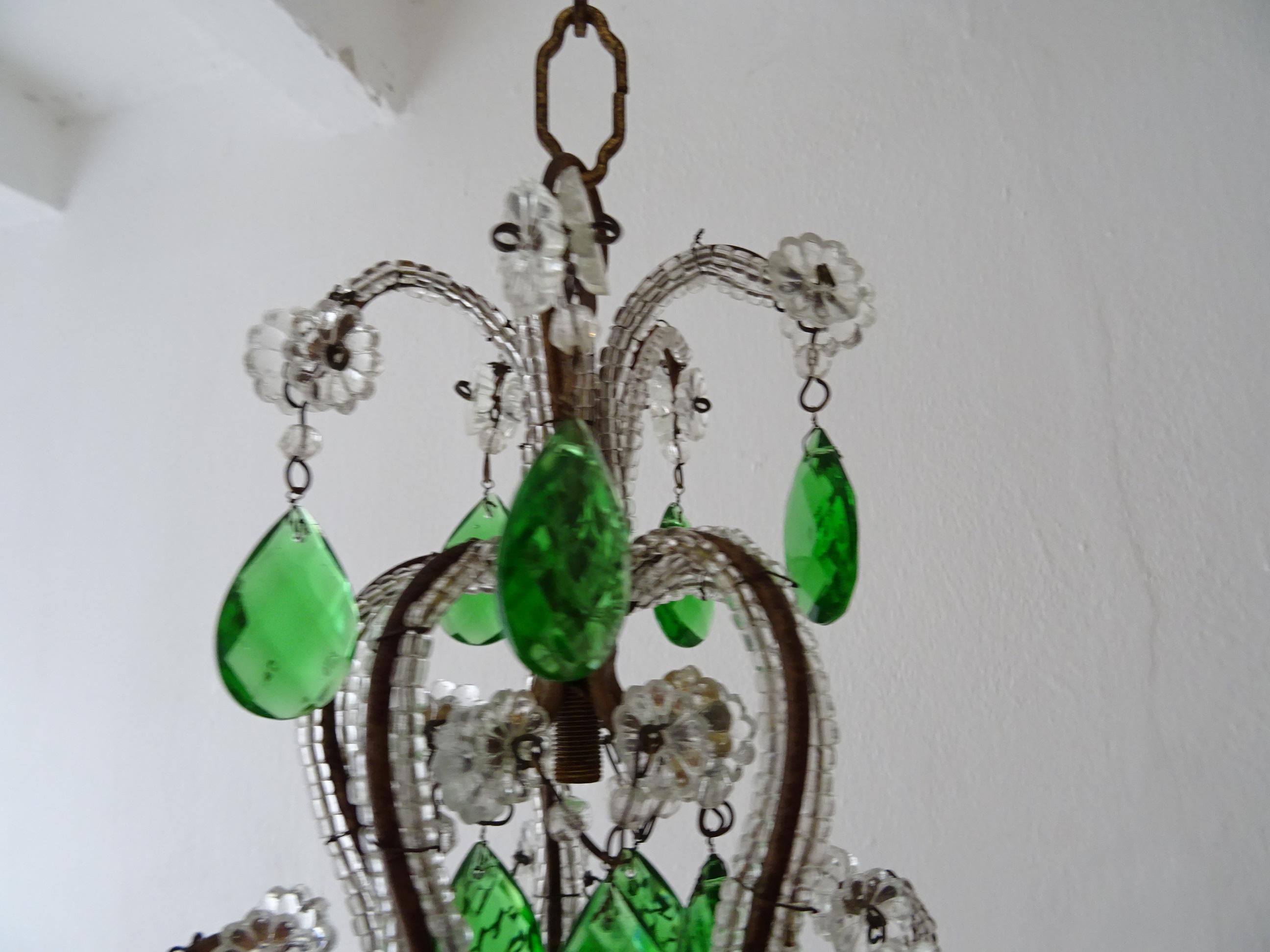 Early 20th Century French Beaded Emerald Green Prisms Petit Beaded Small Chandelier, circa 1920 For Sale