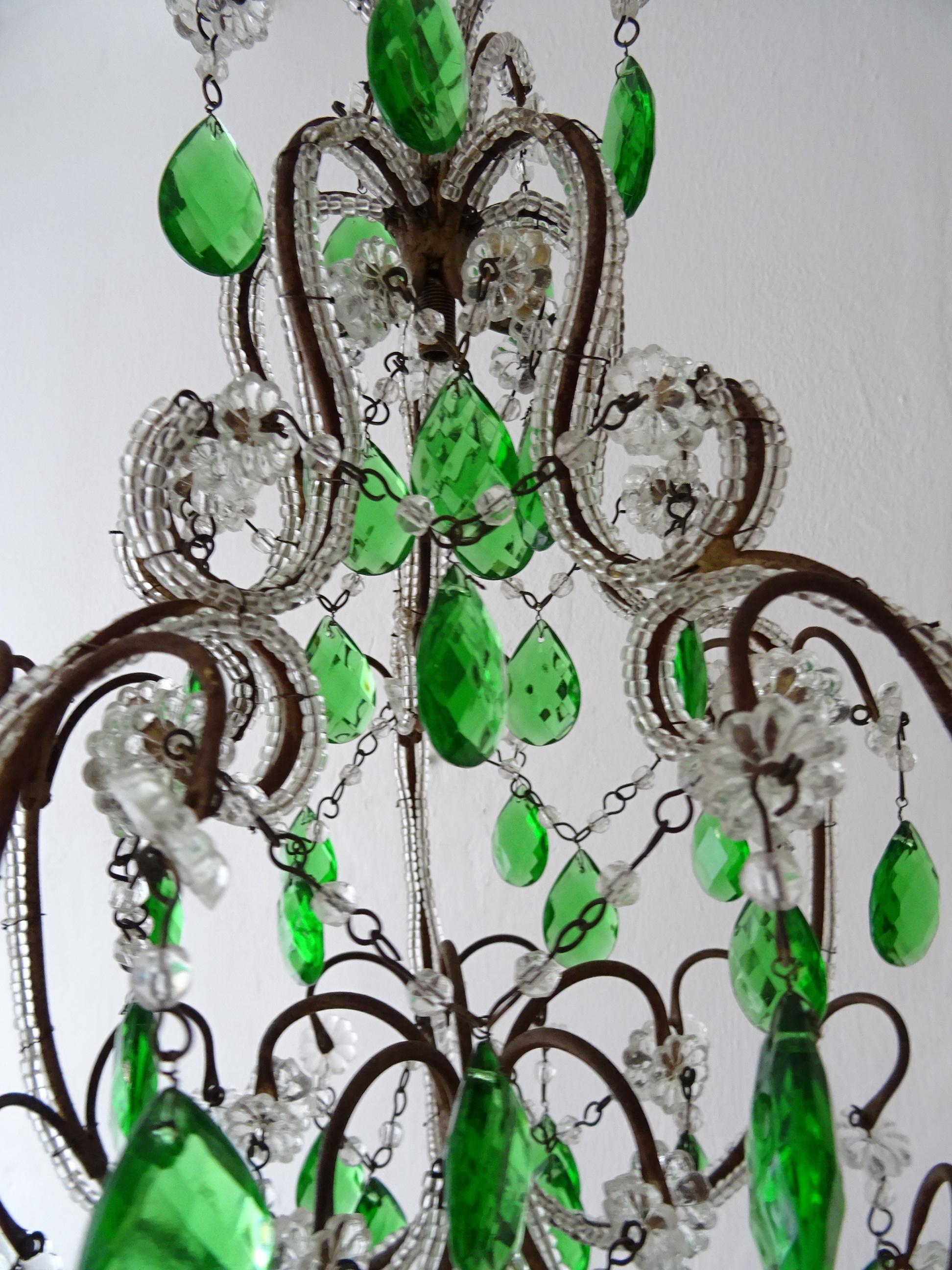 Crystal French Beaded Emerald Green Prisms Petit Beaded Small Chandelier, circa 1920 For Sale