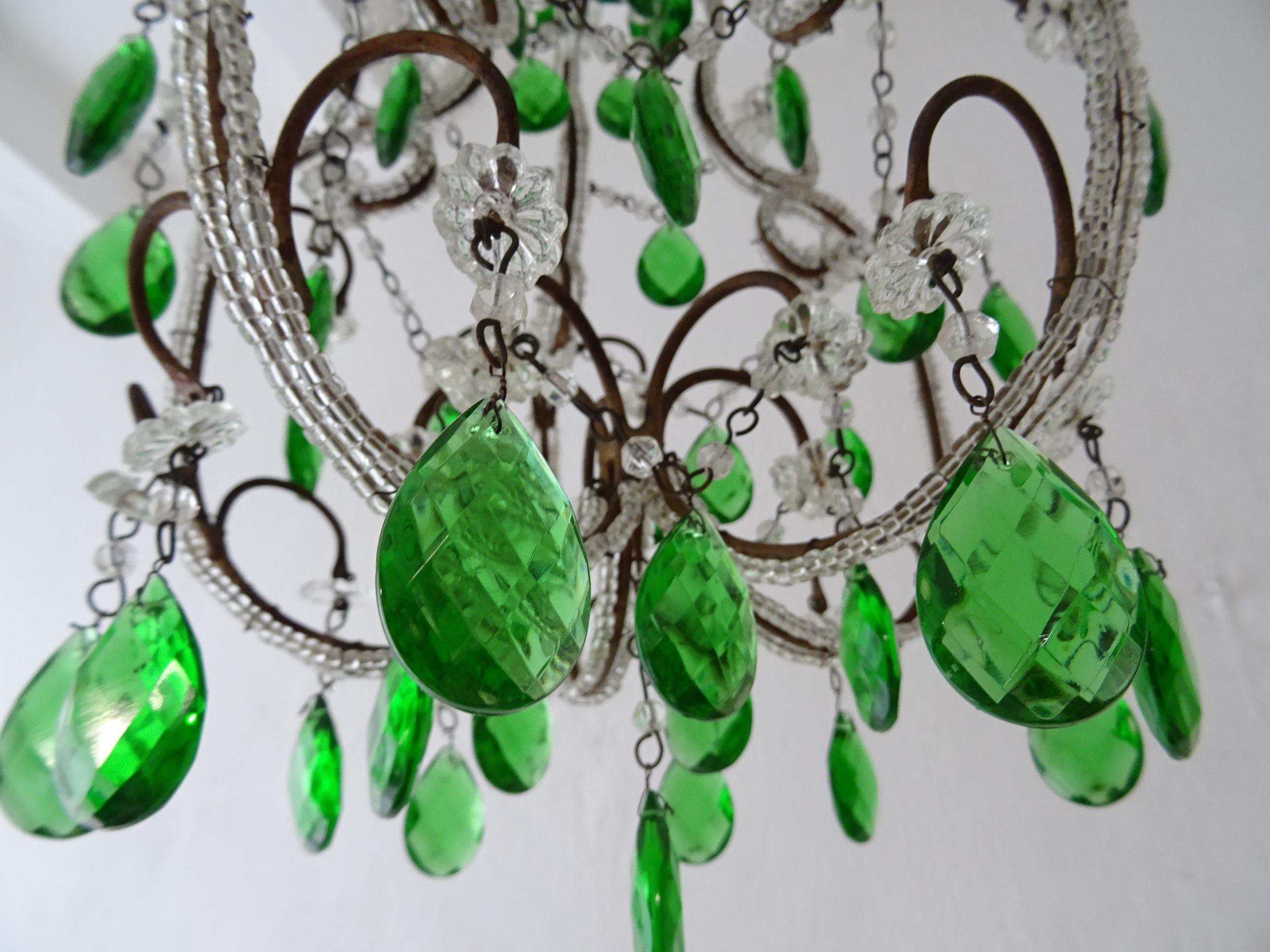 French Beaded Emerald Green Prisms Petit Beaded Small Chandelier, circa 1920 For Sale 1