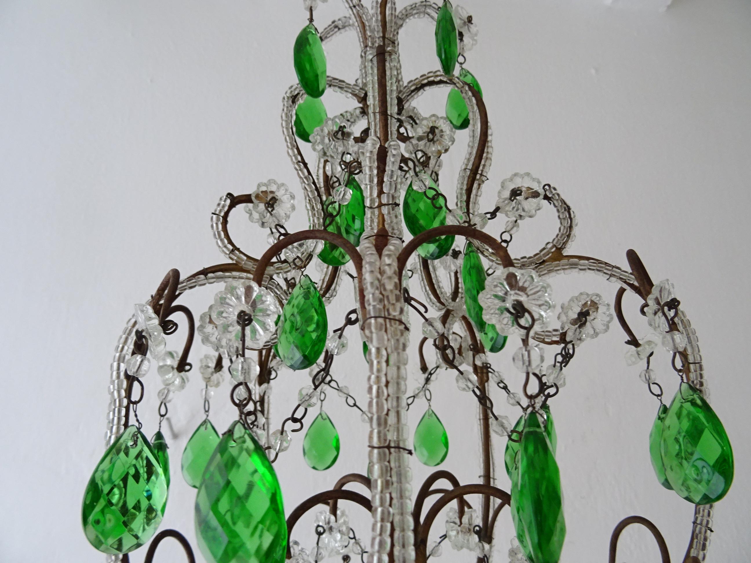 French Beaded Emerald Green Prisms Petit Beaded Small Chandelier, circa 1920 For Sale 3