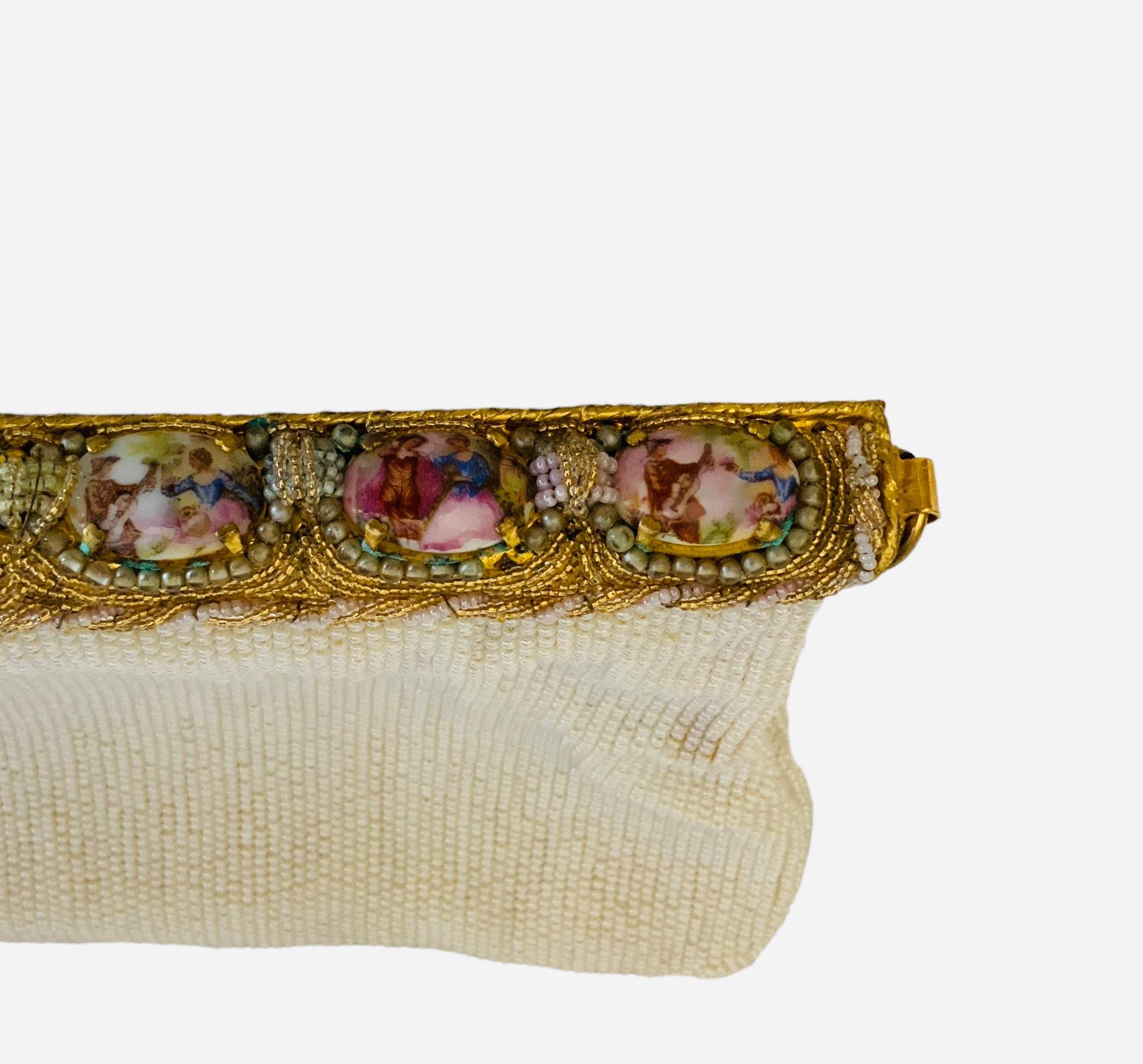 Sac à main de soirée français en perles avec camées en porcelaine de Limoges en vente 5