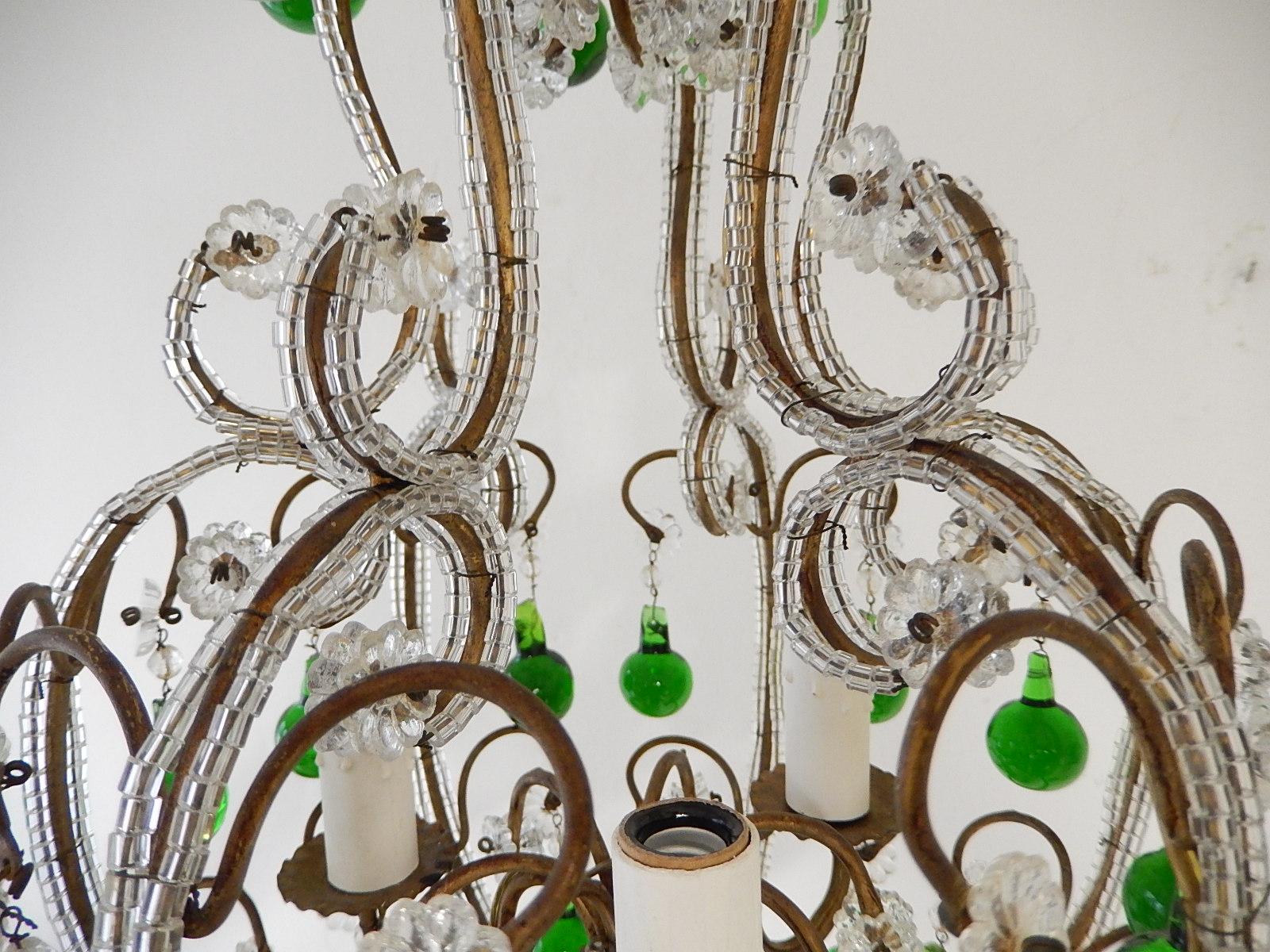 French Beaded Forest Green Drops Petit Beaded Small Chandelier, circa 1920 6