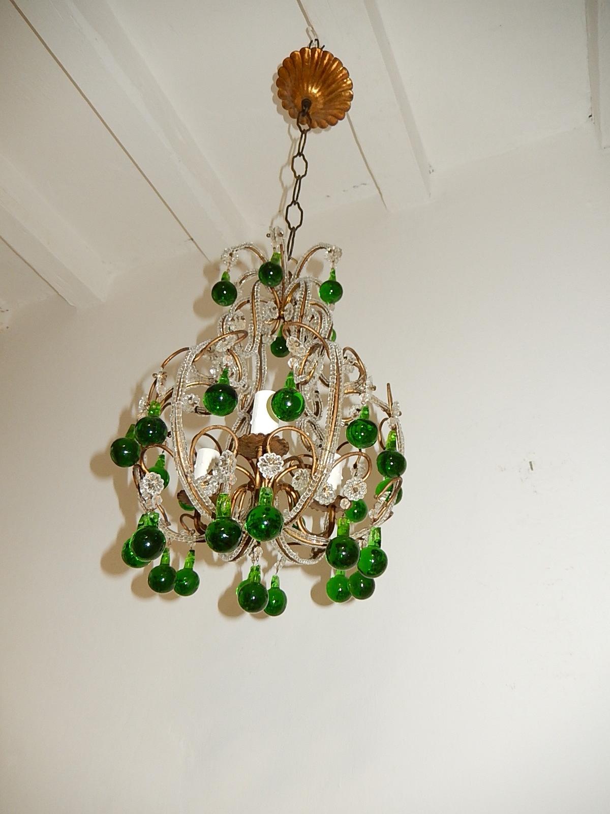 Housing one light. Will be rewired and ready to hang with the correct socket of country. Rare bulbous dark forest green Murano drops. Also adorning florets and crystal balls. Adding another 12 inches of original chain and canopy! Free priority UPS
