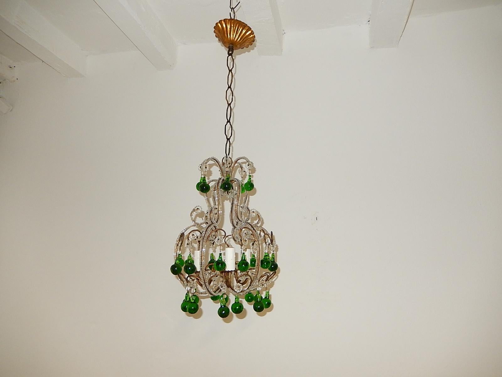 Early 20th Century French Beaded Forest Green Drops Petit Beaded Small Chandelier, circa 1920