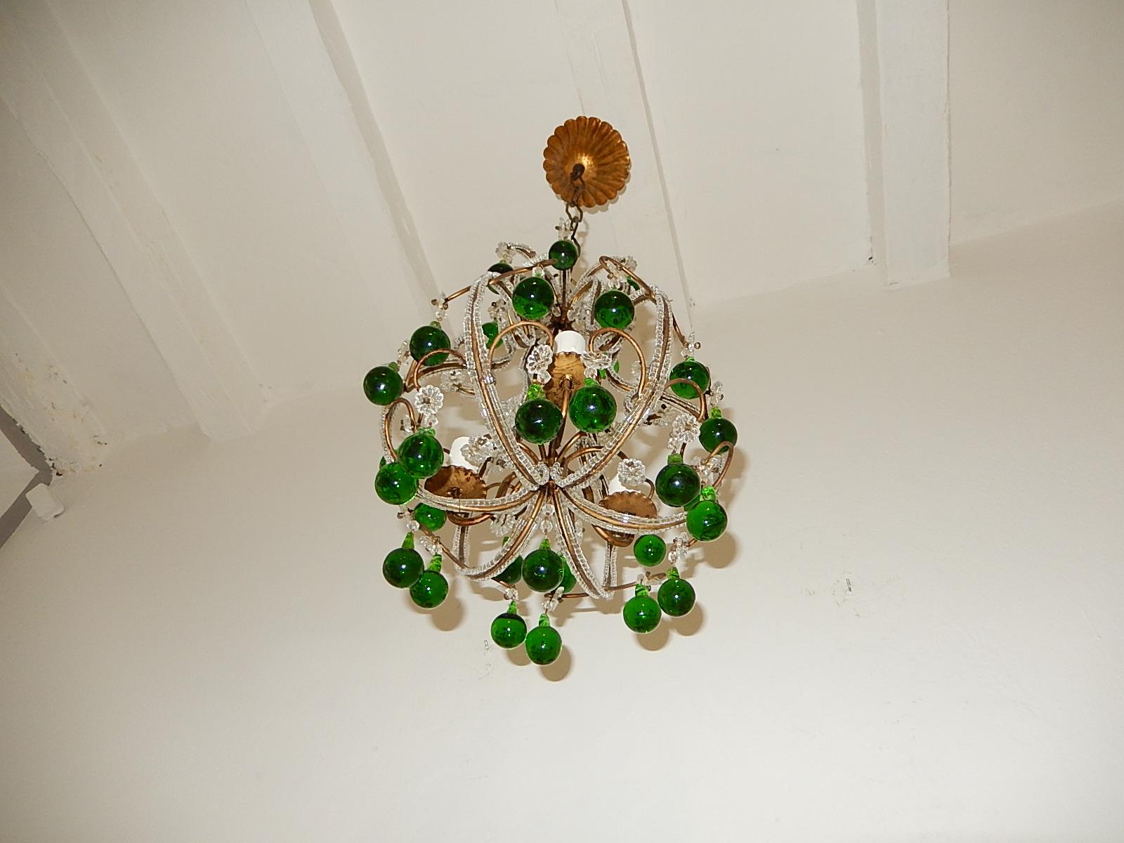 Metal French Beaded Forest Green Drops Petit Beaded Small Chandelier, circa 1920