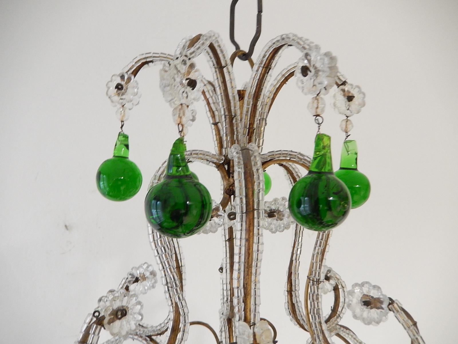 French Beaded Forest Green Drops Petit Beaded Small Chandelier, circa 1920 1