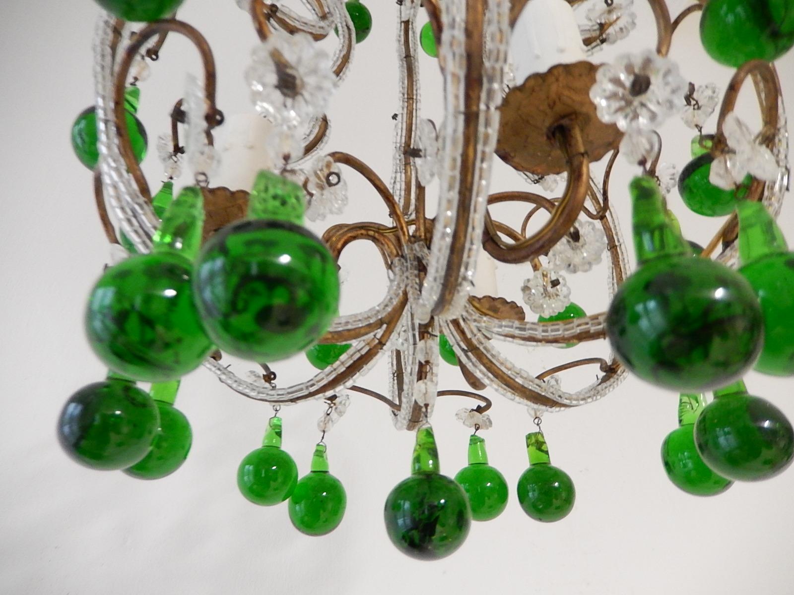 French Beaded Forest Green Drops Petit Beaded Small Chandelier, circa 1920 2