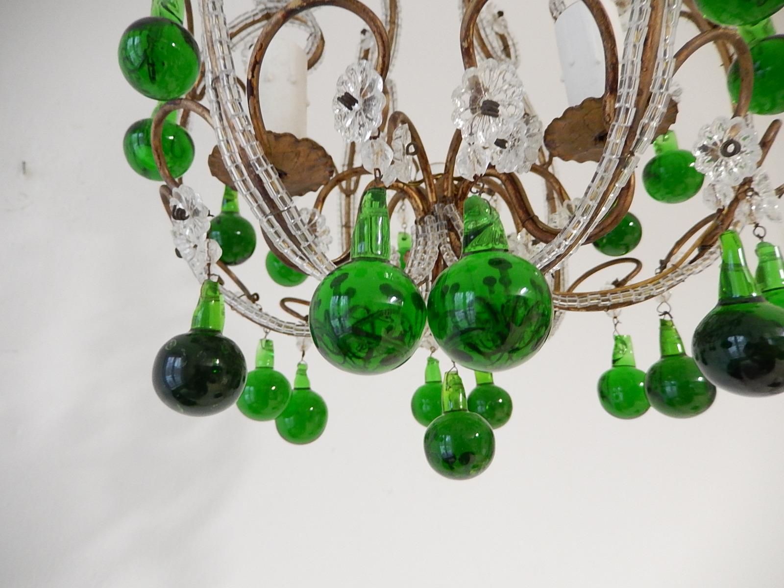 French Beaded Forest Green Drops Petit Beaded Small Chandelier, circa 1920 3