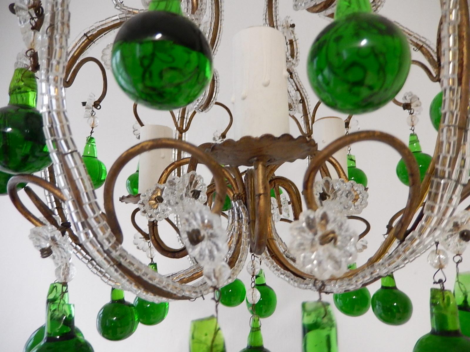 French Beaded Forest Green Drops Petit Beaded Small Chandelier, circa 1920 4