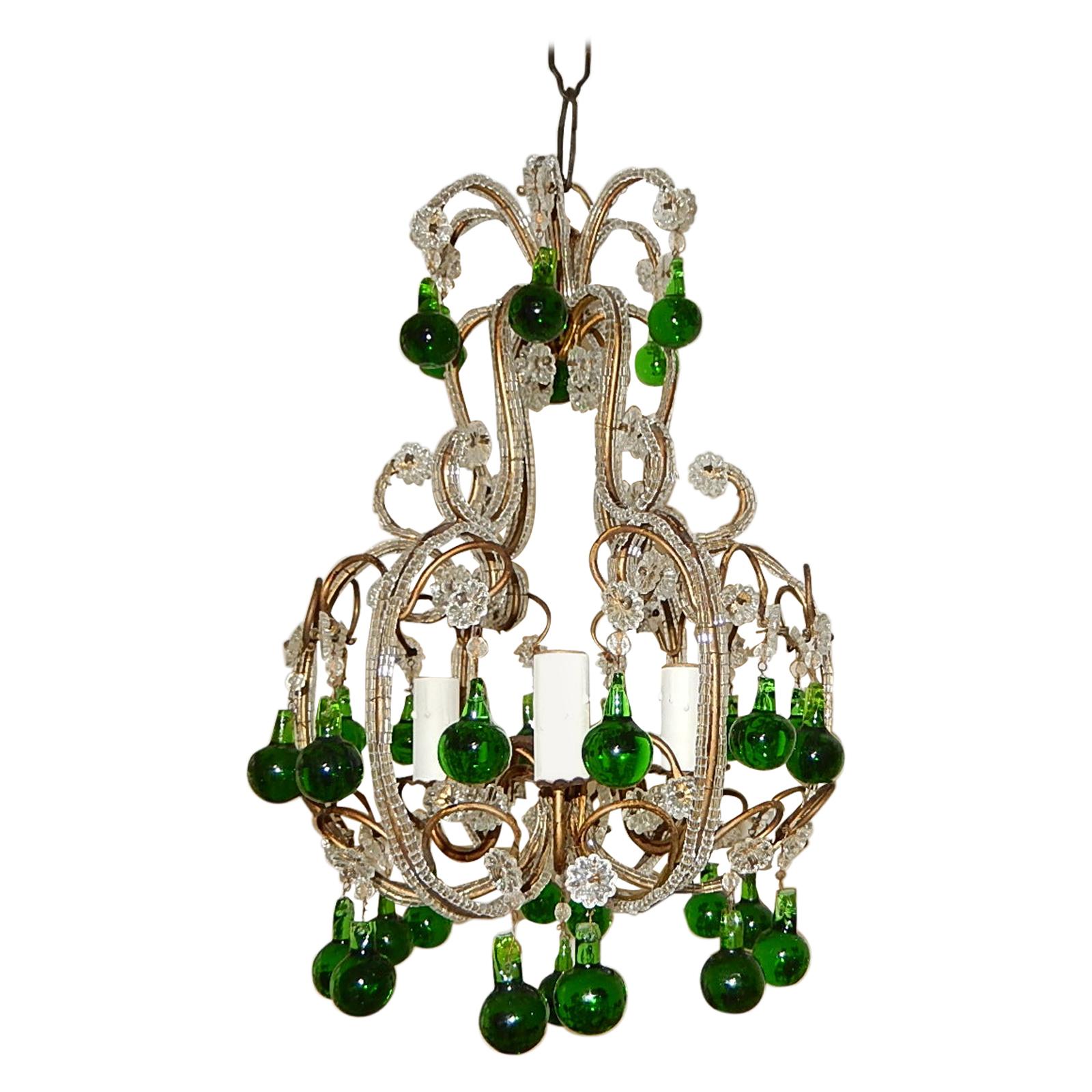French Beaded Forest Green Drops Petit Beaded Small Chandelier, circa 1920
