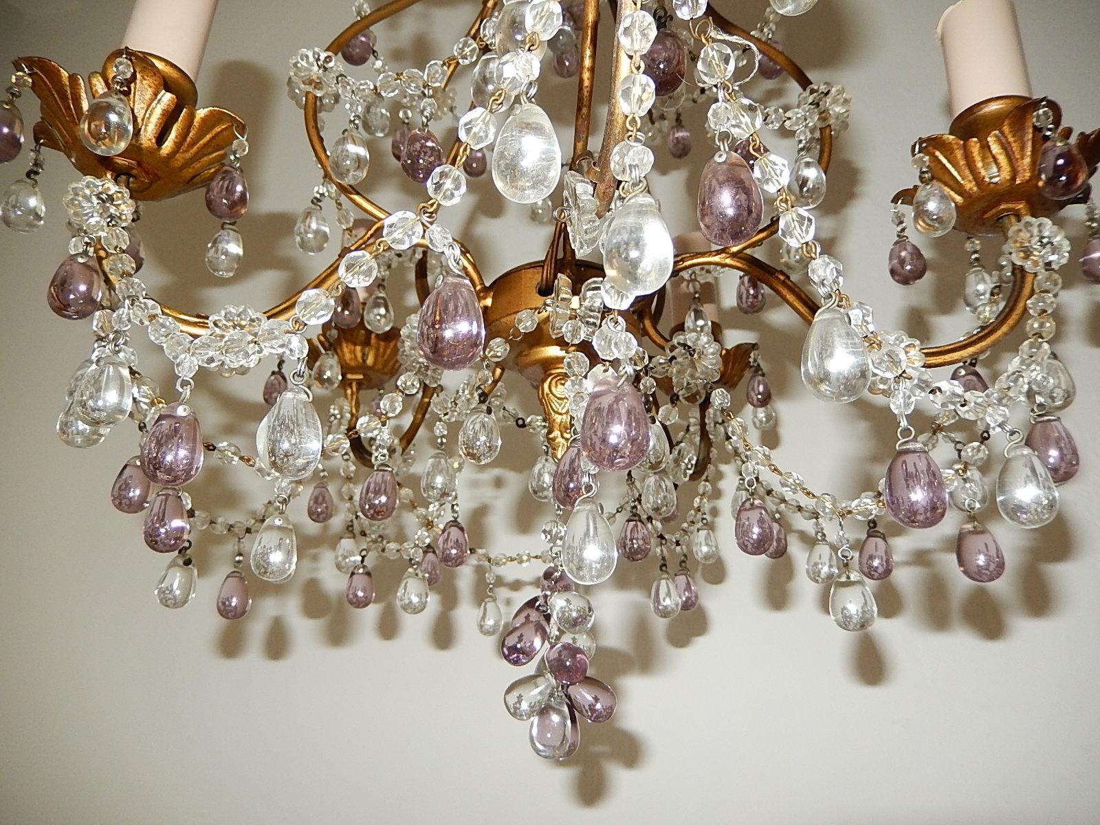 French Beaded Maison Baguès  Amethyst & Clear Murano Drops Chandelier, 1920s For Sale 5