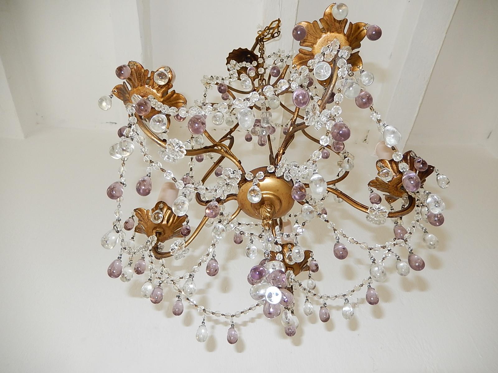 French Beaded Maison Baguès  Amethyst & Clear Murano Drops Chandelier, 1920s For Sale 7