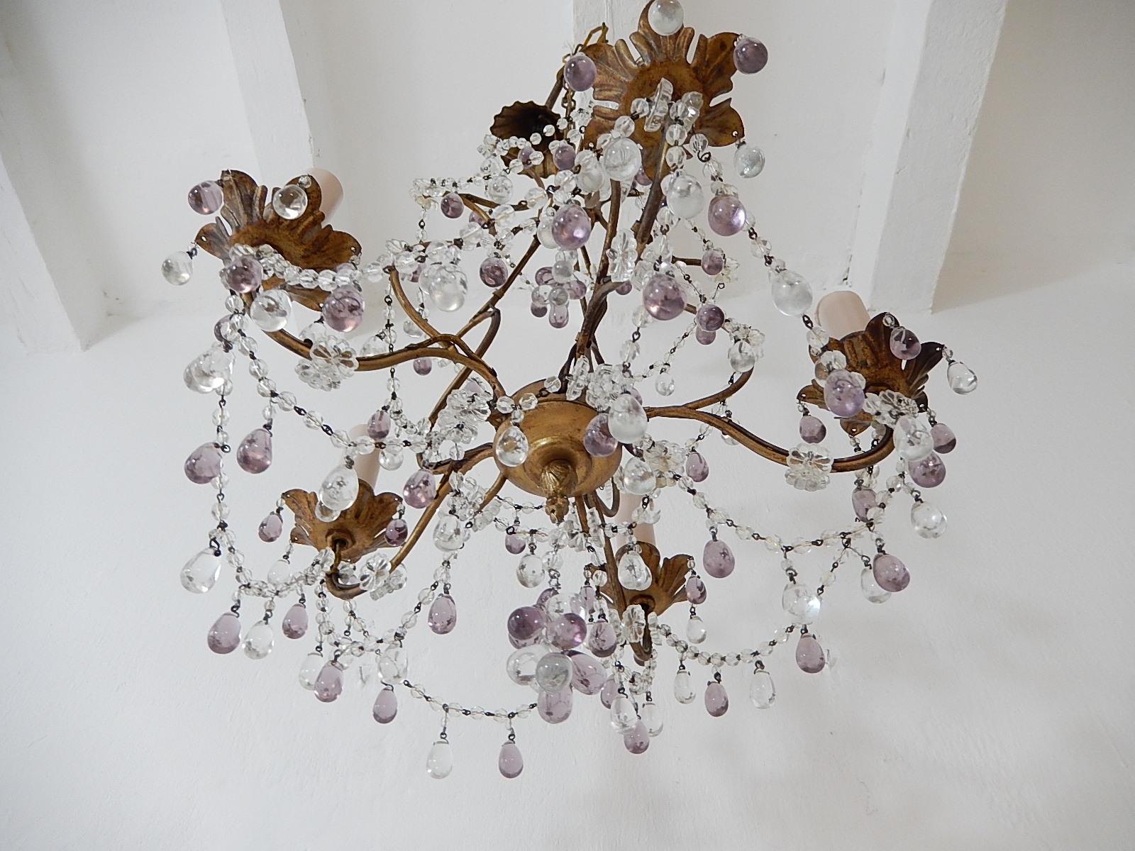 French Beaded Maison Baguès  Amethyst & Clear Murano Drops Chandelier, 1920s In Good Condition For Sale In Modena (MO), Modena (Mo)