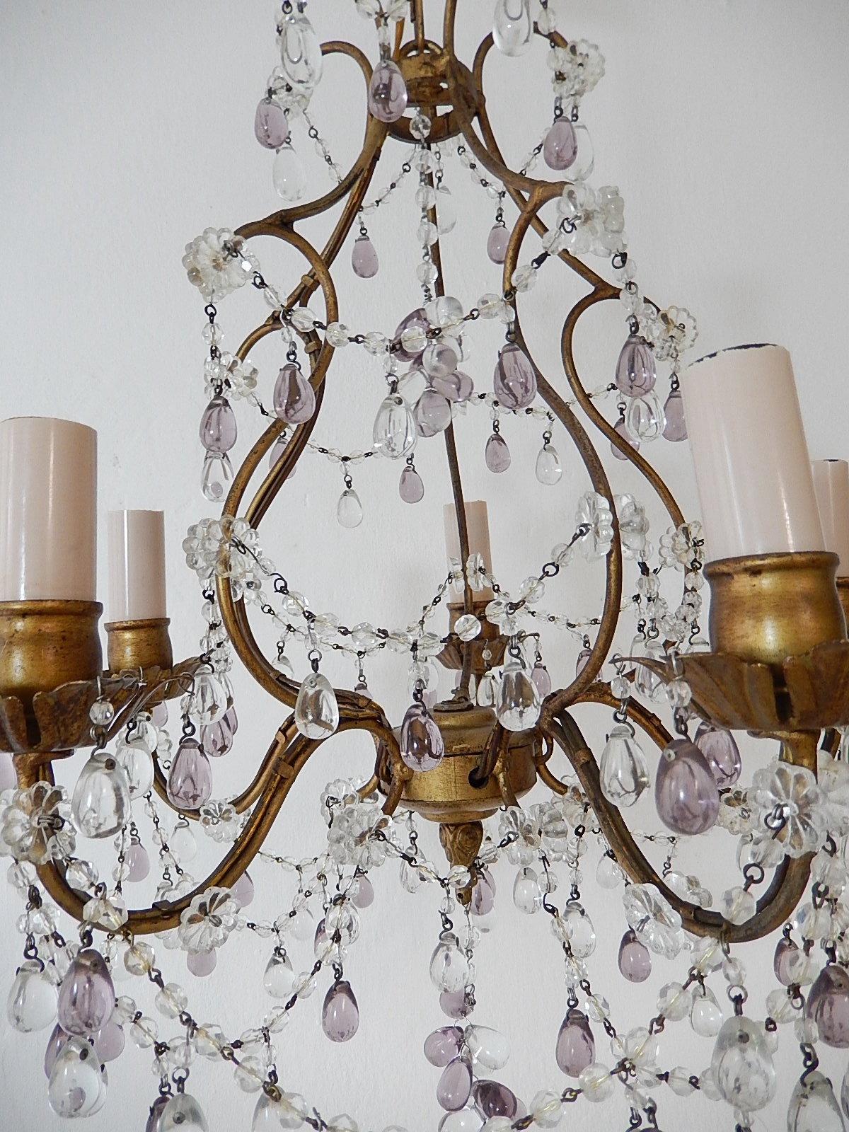 Crystal French Beaded Maison Baguès  Amethyst & Clear Murano Drops Chandelier, 1920s For Sale