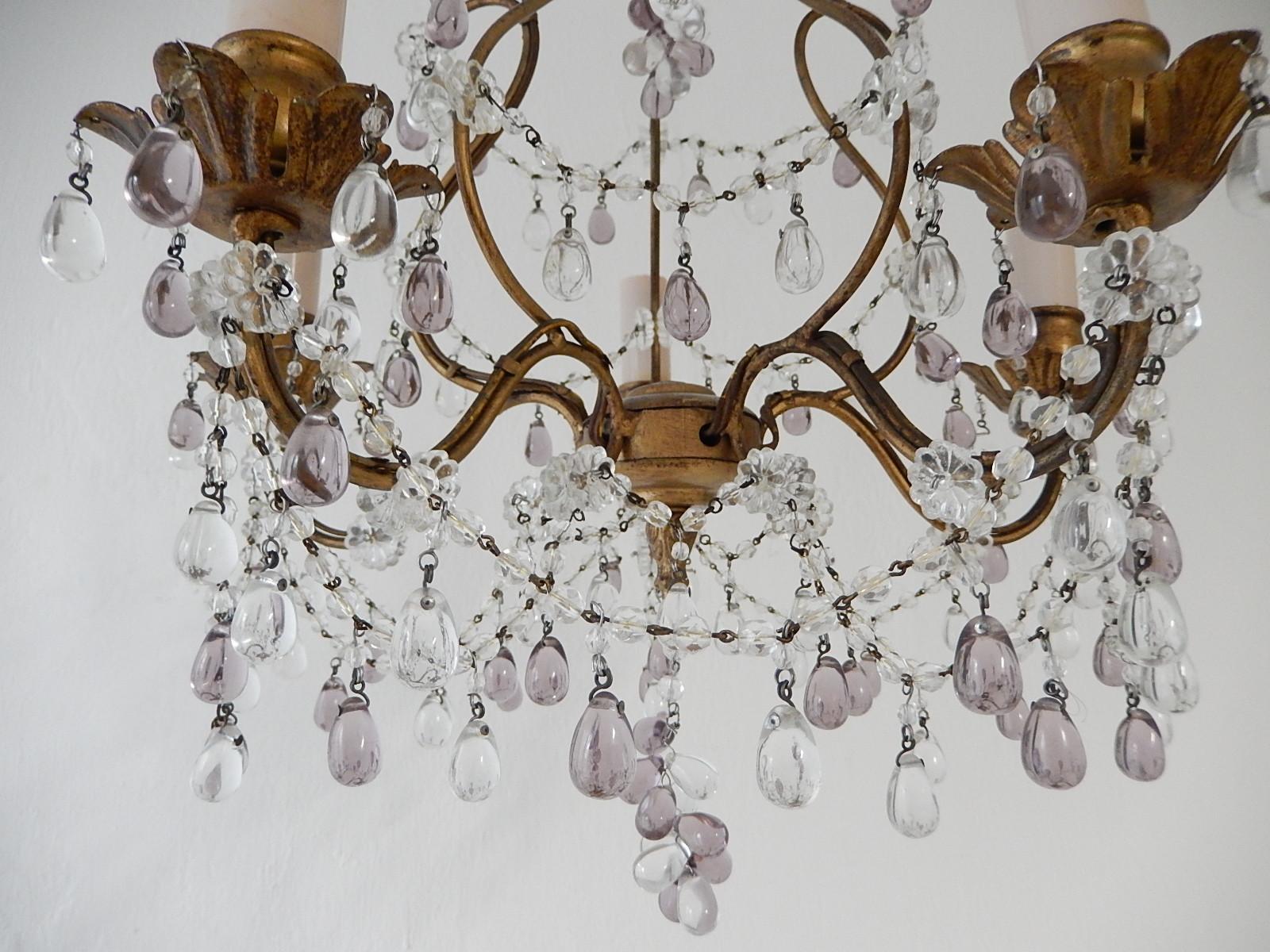 French Beaded Maison Baguès  Amethyst & Clear Murano Drops Chandelier, 1920s For Sale 1