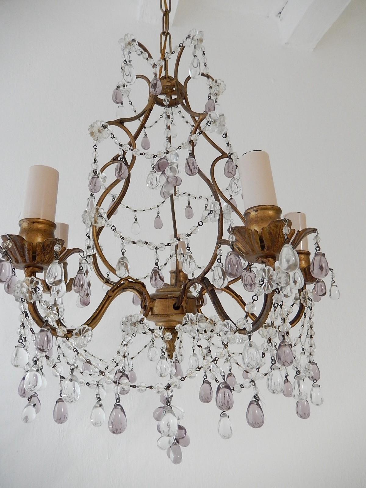 French Beaded Maison Baguès  Amethyst & Clear Murano Drops Chandelier, 1920s For Sale 2