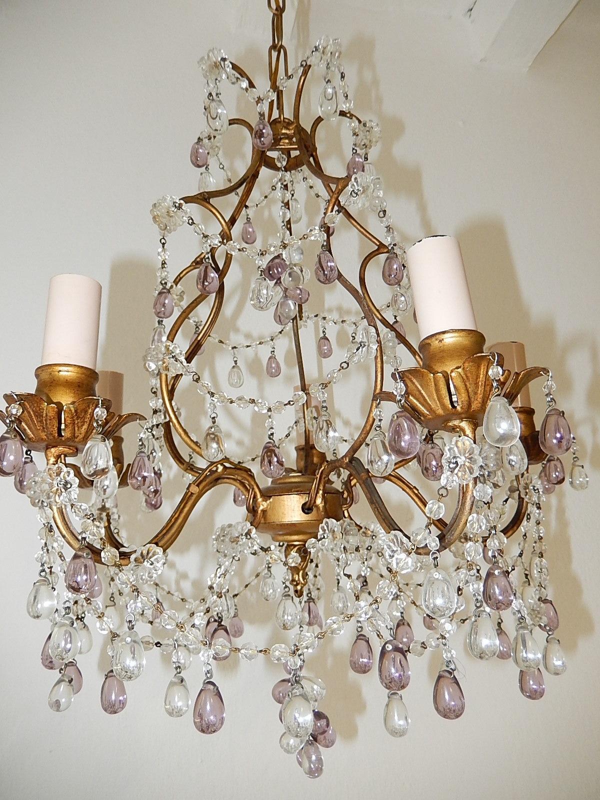 French Beaded Maison Baguès  Amethyst & Clear Murano Drops Chandelier, 1920s For Sale 3