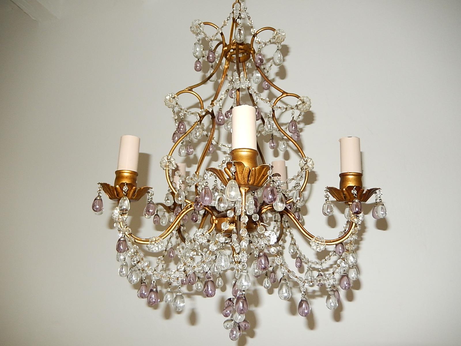French Beaded Maison Baguès  Amethyst & Clear Murano Drops Chandelier, 1920s For Sale 4