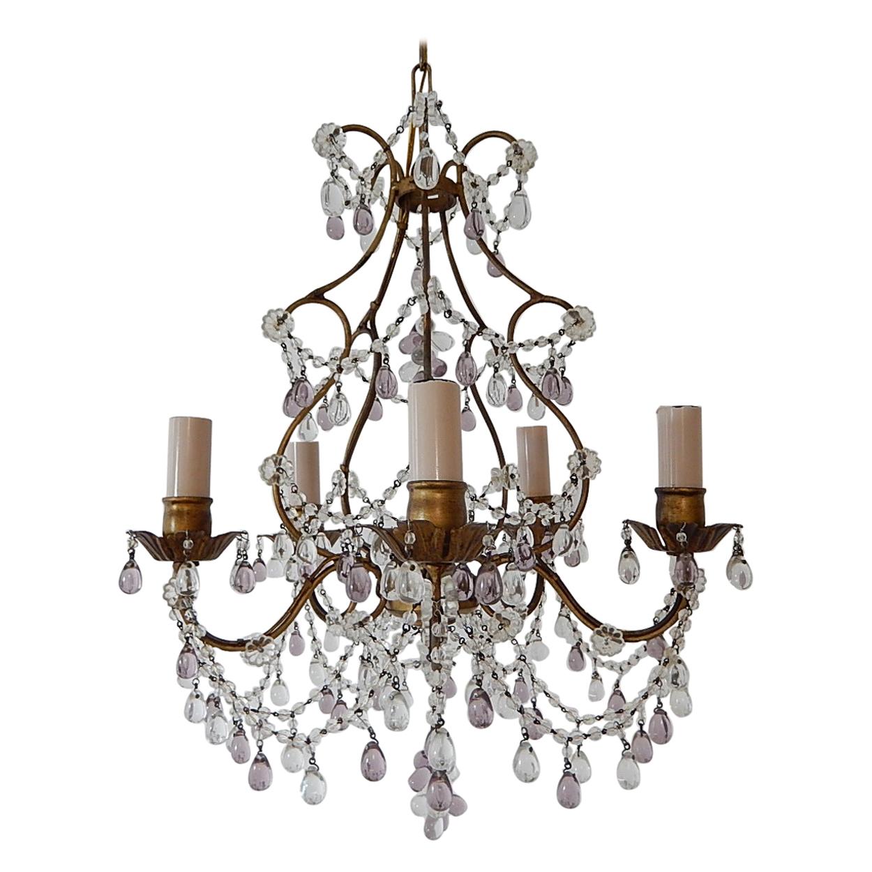 French Beaded Maison Baguès  Amethyst & Clear Murano Drops Chandelier, 1920s For Sale