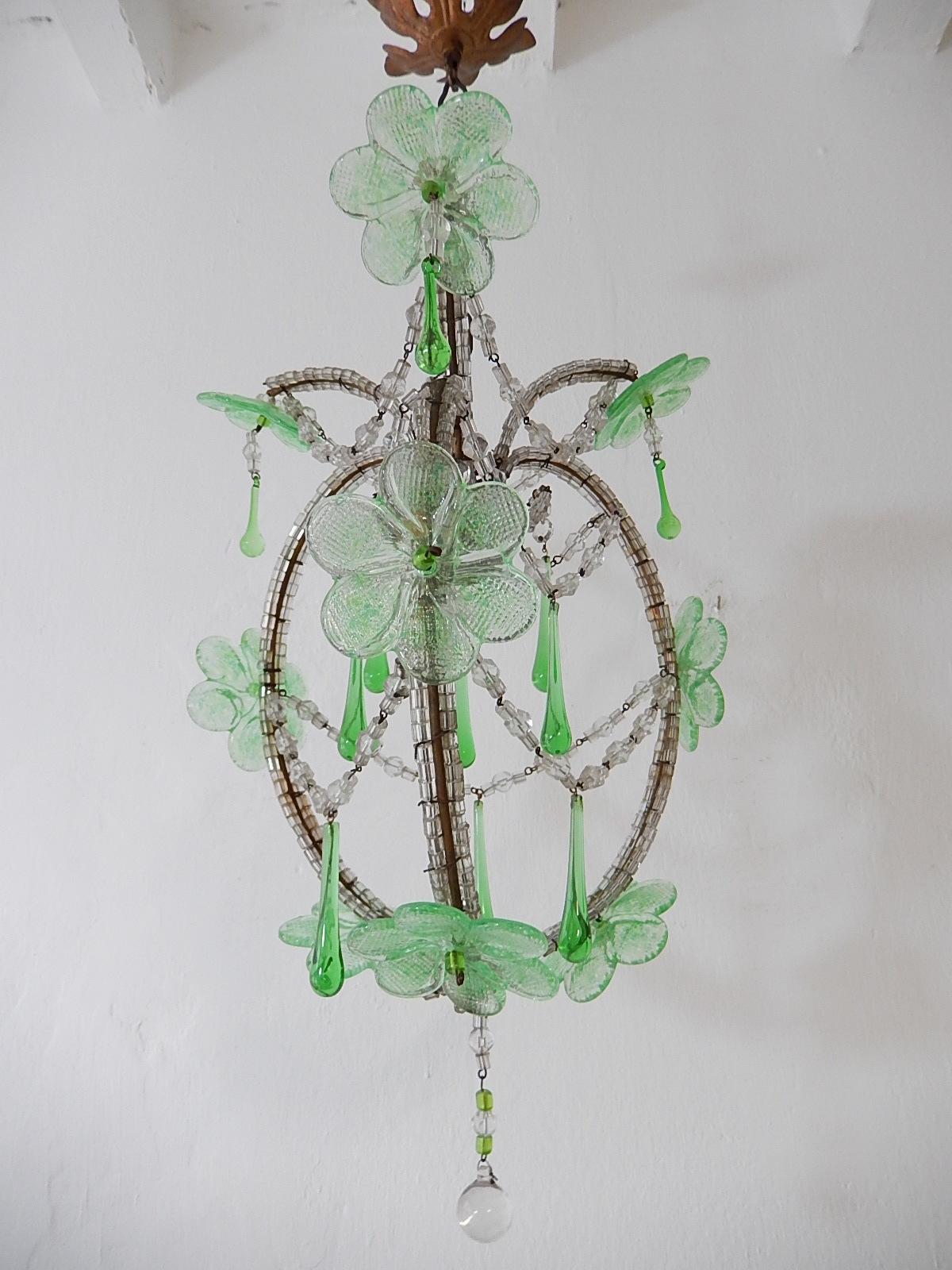 French Beaded Murano Green Drops Macaroni Swags Flowers Chandelier circa 1920 For Sale 3