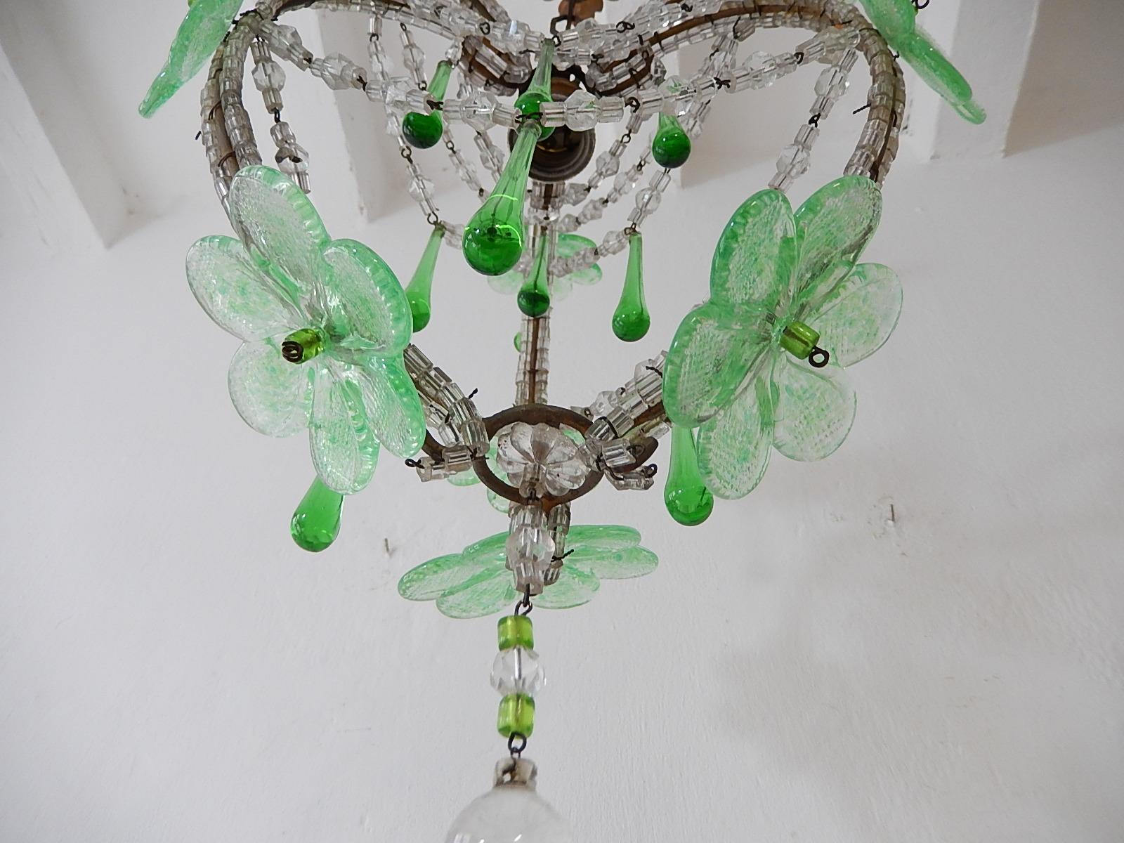 Early 20th Century French Beaded Murano Green Drops Macaroni Swags Flowers Chandelier circa 1920 For Sale