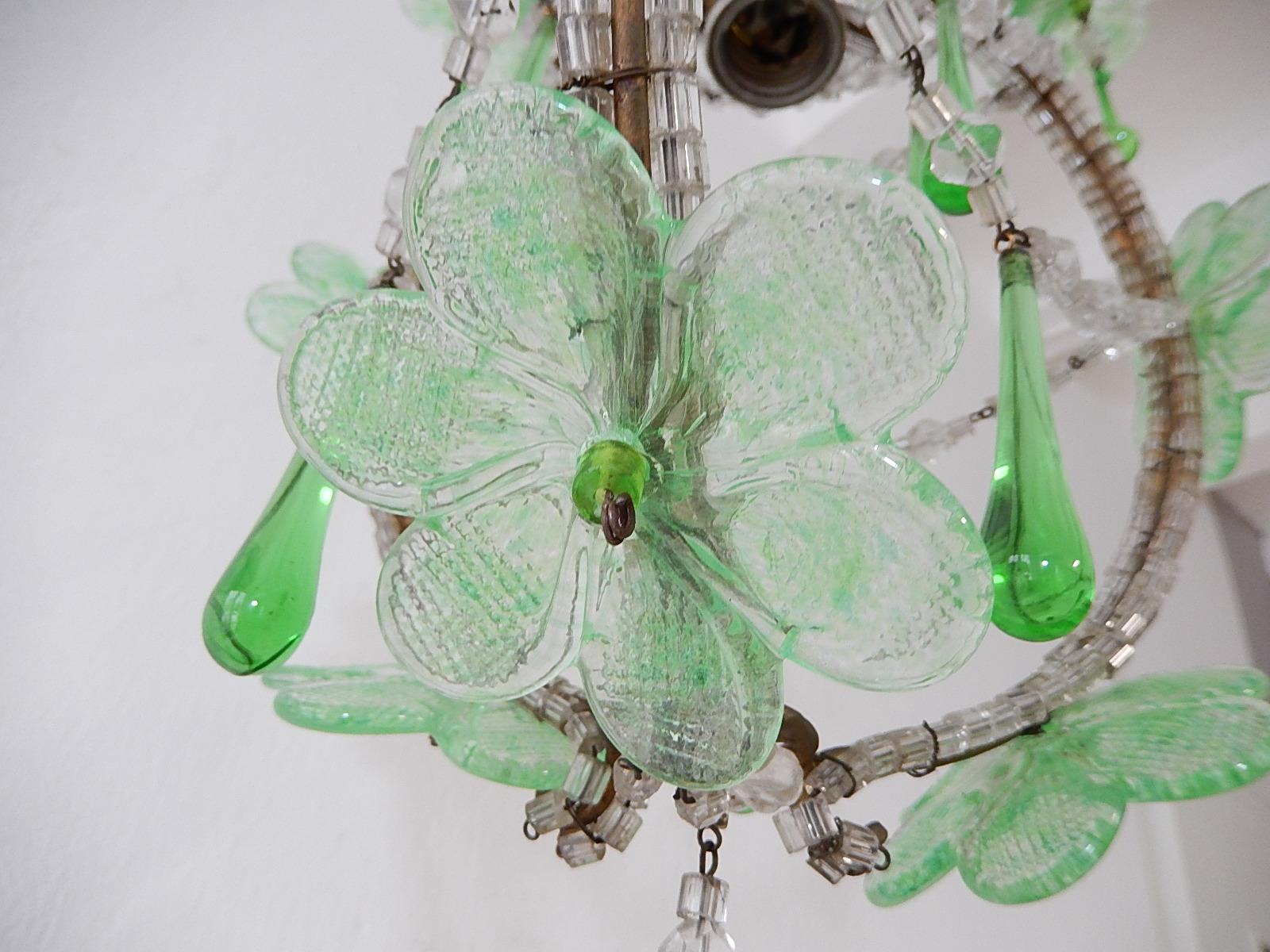 French Beaded Murano Green Drops Macaroni Swags Flowers Chandelier circa 1920 For Sale 1