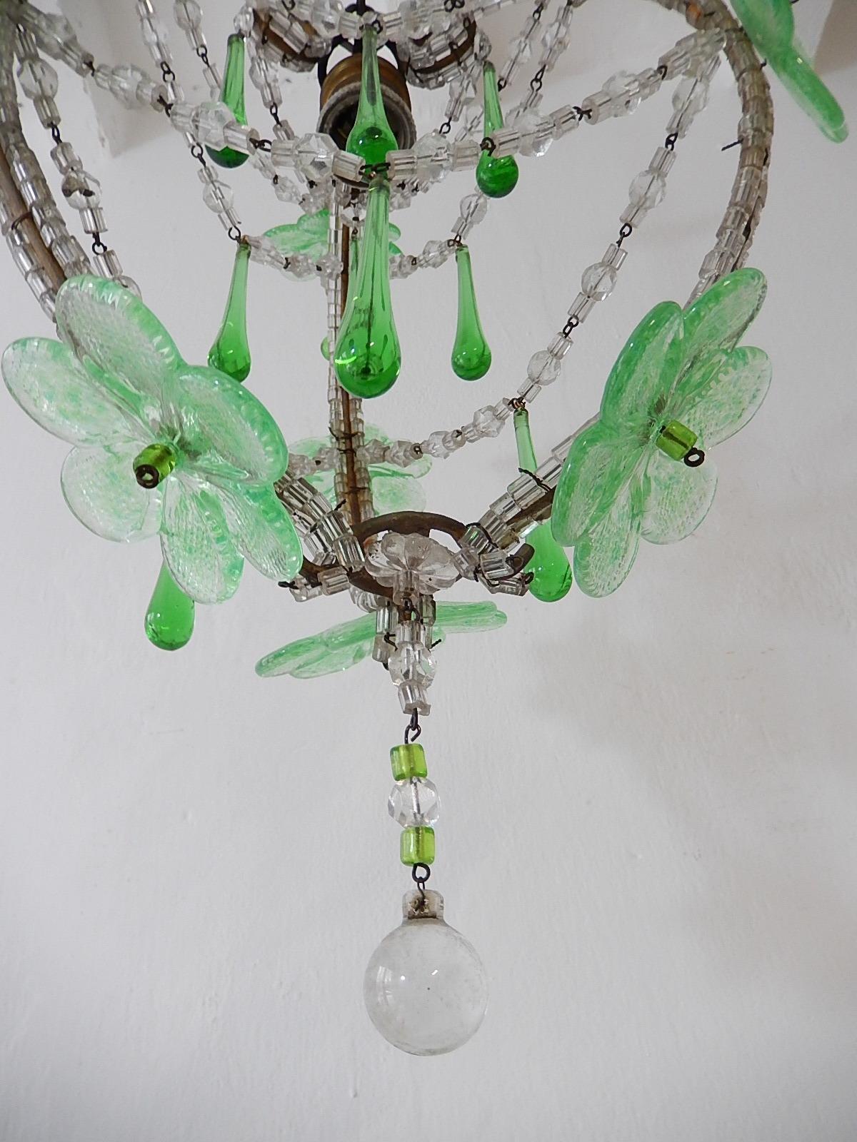 French Beaded Murano Green Drops Macaroni Swags Flowers Chandelier circa 1920 For Sale 2