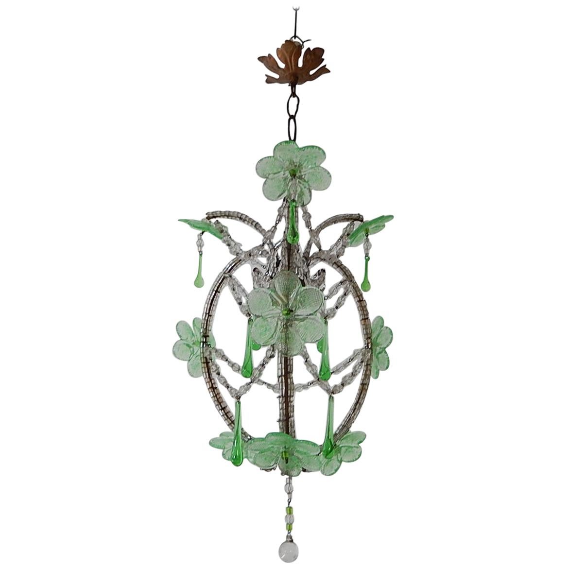 French Beaded Murano Green Drops Macaroni Swags Flowers Chandelier circa 1920