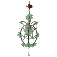 French Beaded Murano Green Drops Macaroni Swags Flowers Chandelier circa 1920