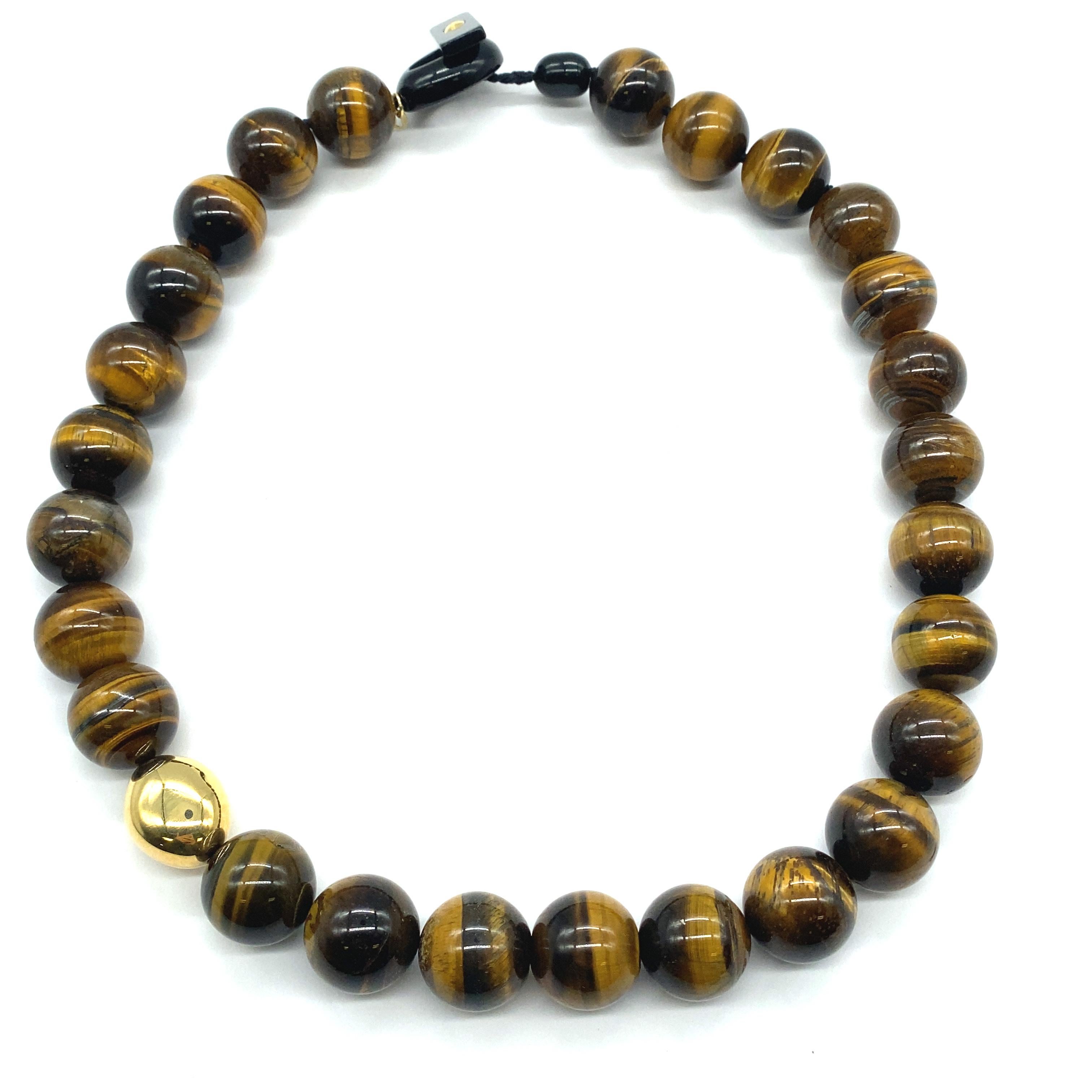 Artisan French, Beaded Necklaces with Tiger Eye Stone, Yellow Gold and Bakelite For Sale