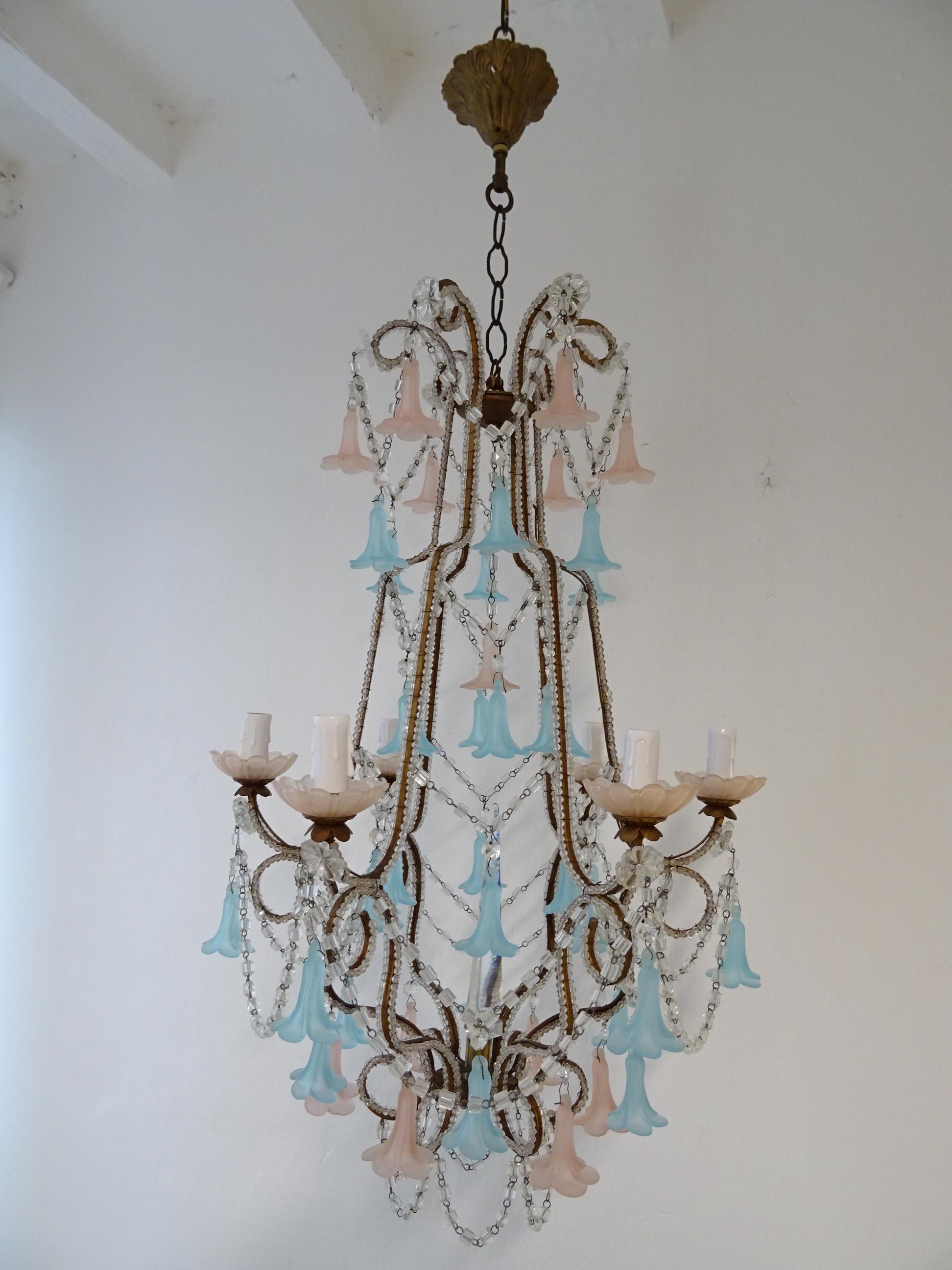 French Beaded Pink & Blue Bells Opaline Murano Chandelier with Spear, circa 1900 For Sale 4