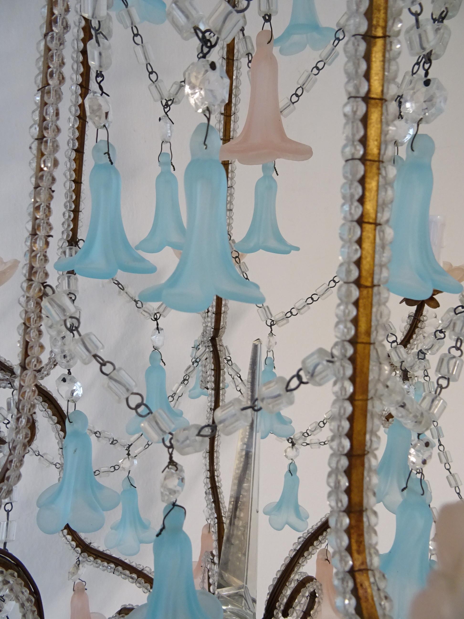 French Beaded Pink & Blue Bells Opaline Murano Chandelier with Spear, circa 1900 For Sale 5