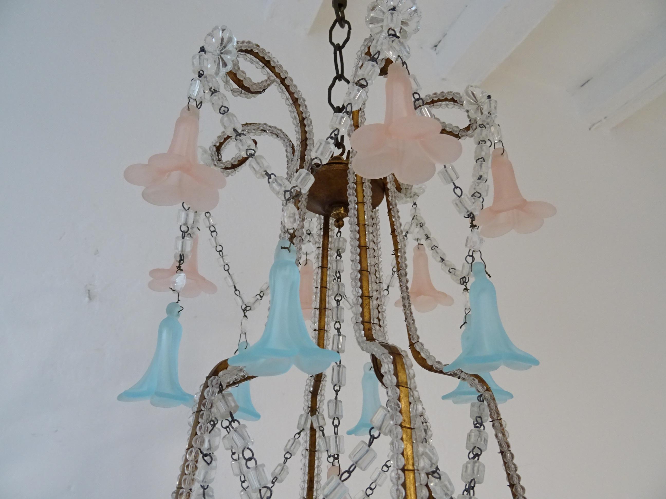 French Beaded Pink & Blue Bells Opaline Murano Chandelier with Spear, circa 1900 For Sale 6