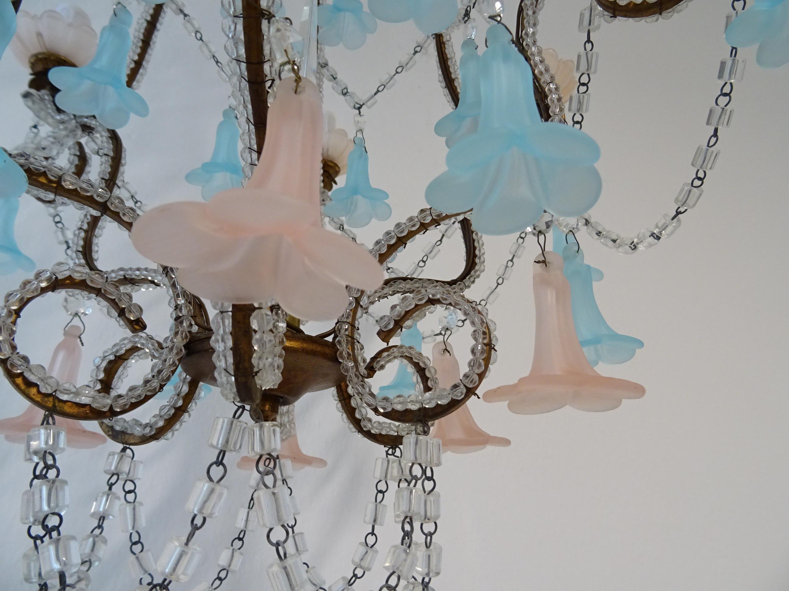 French Beaded Pink & Blue Bells Opaline Murano Chandelier with Spear, circa 1900 For Sale 7