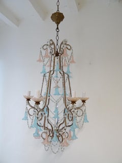 French Beaded Pink & Blue Bells Opaline Murano Chandelier with Spear, circa 1900