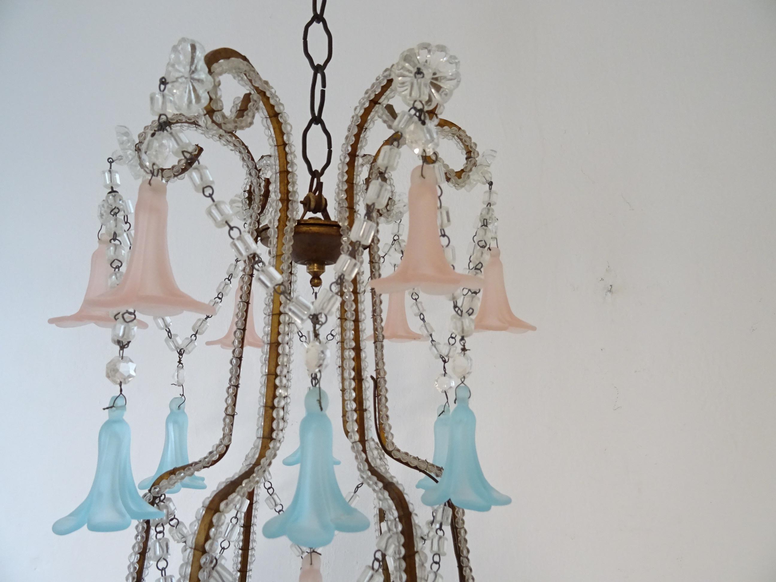 Early 20th Century French Beaded Pink & Blue Bells Opaline Murano Chandelier with Spear, circa 1900 For Sale