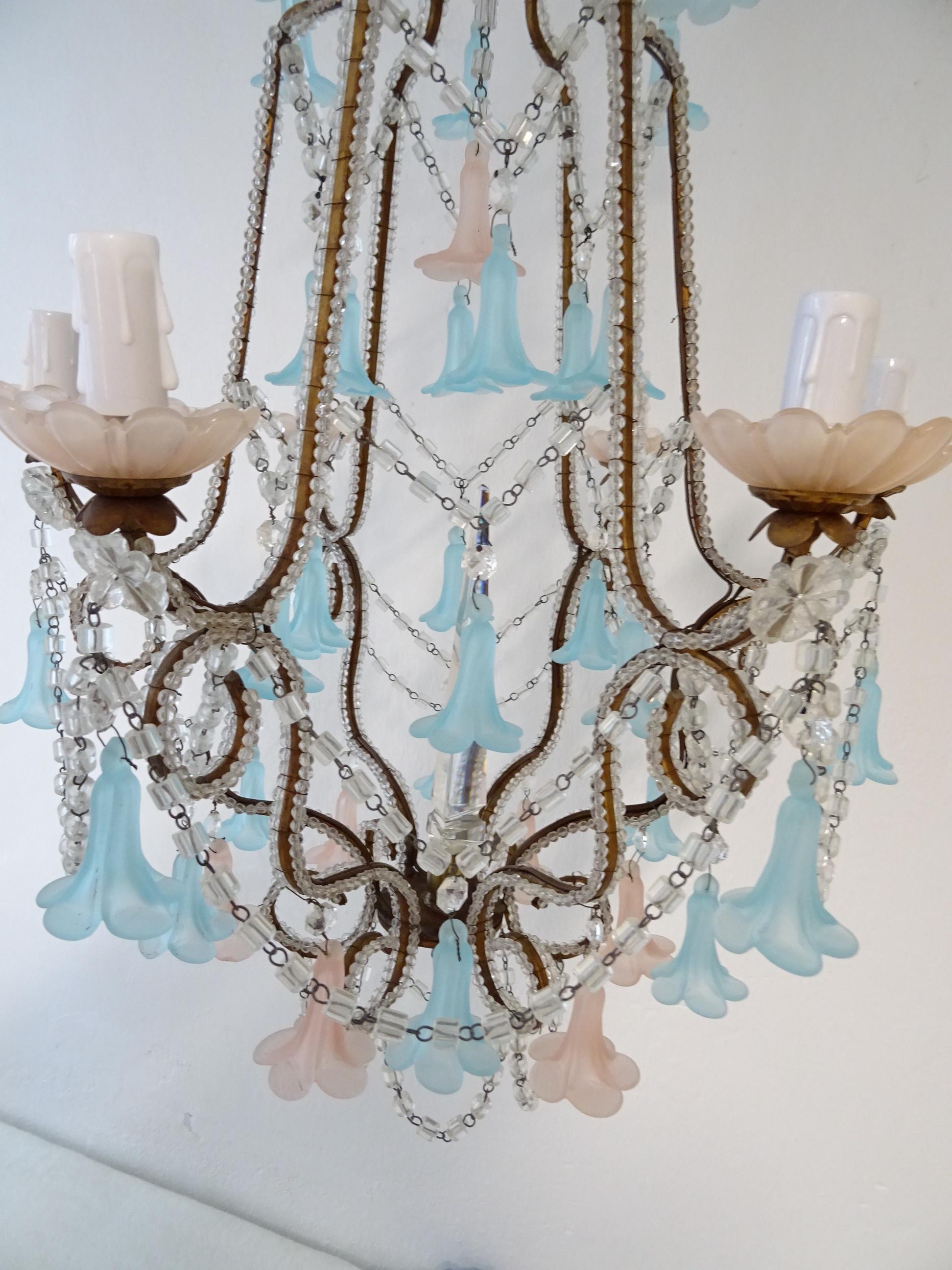 Crystal French Beaded Pink & Blue Bells Opaline Murano Chandelier with Spear, circa 1900 For Sale