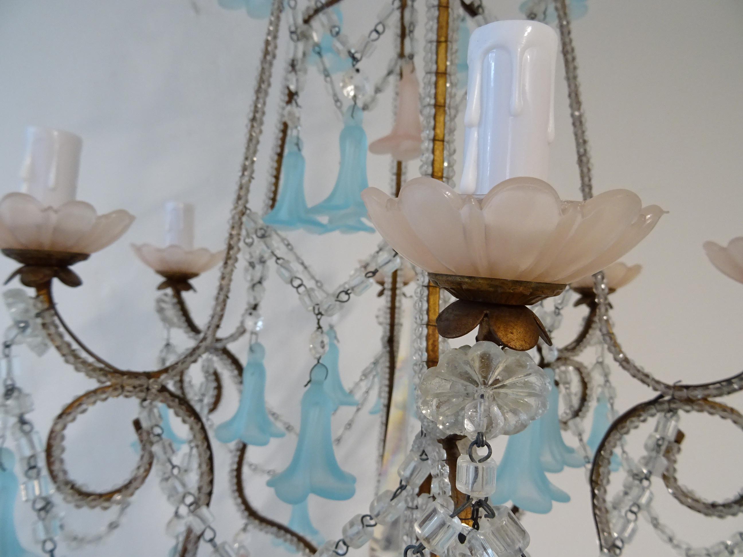 French Beaded Pink & Blue Bells Opaline Murano Chandelier with Spear, circa 1900 For Sale 2