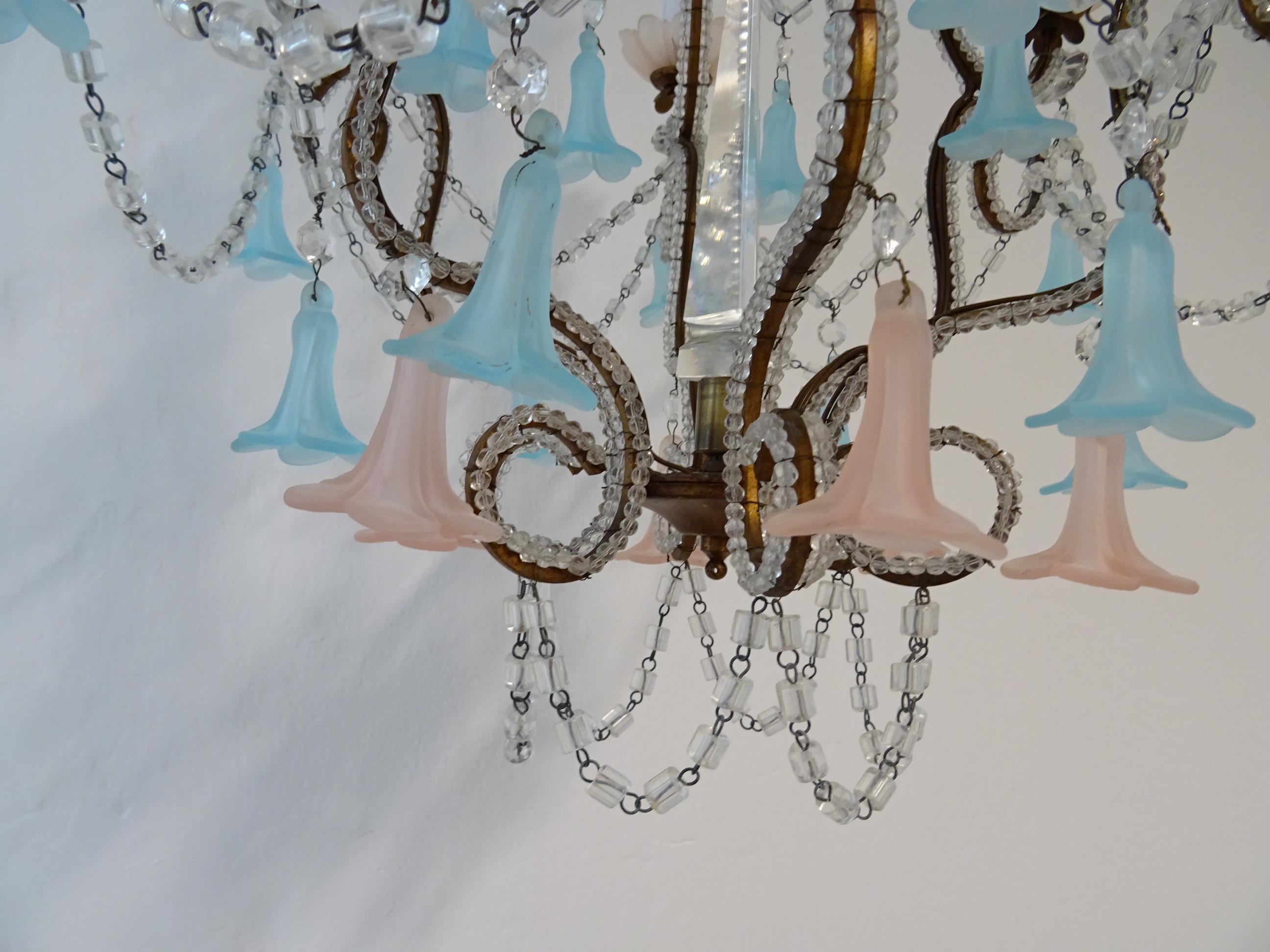 French Beaded Pink & Blue Bells Opaline Murano Chandelier with Spear, circa 1900 For Sale 3