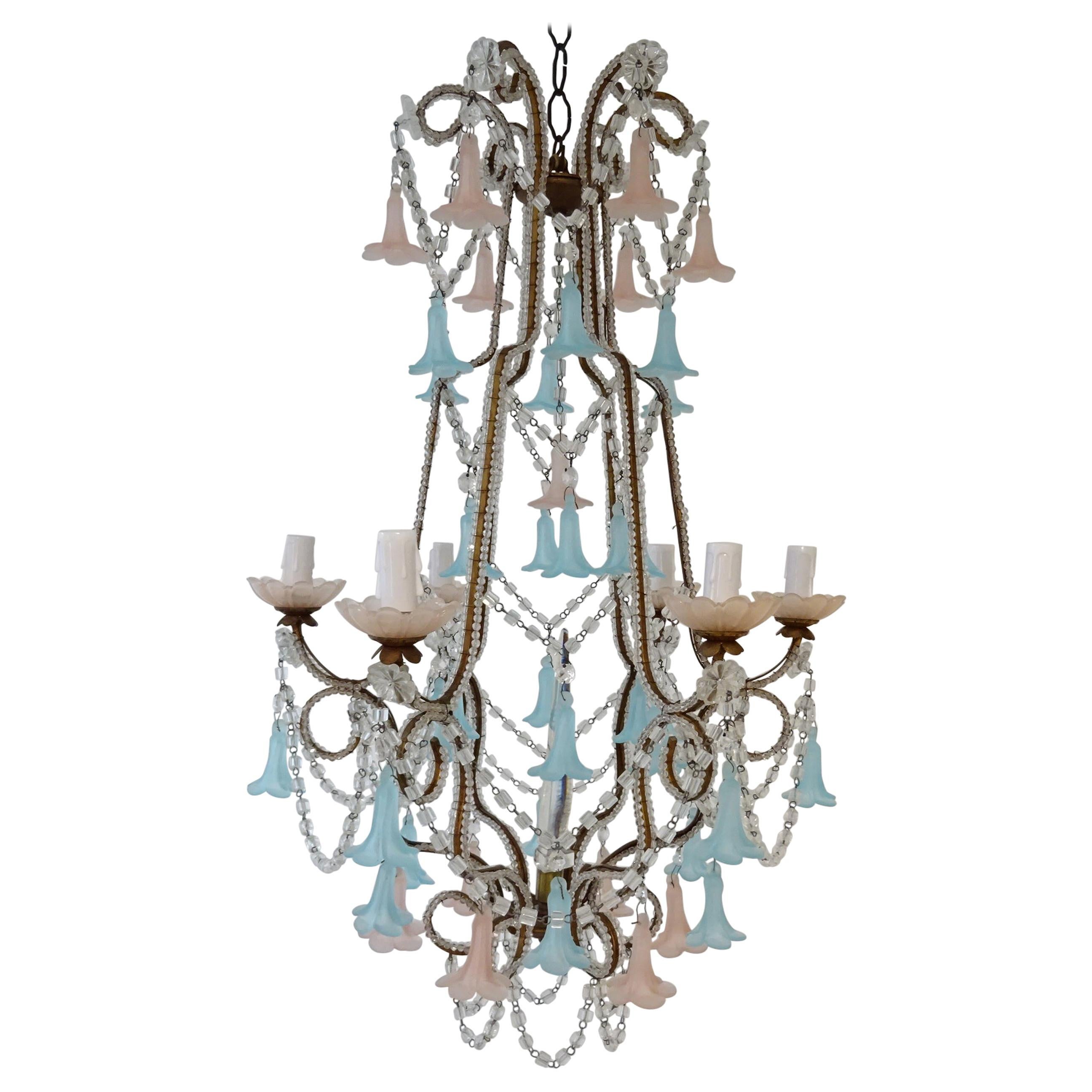 Lampadario francese di Murano con perline rosa e campane blu e lancia, circa 1900 in vendita